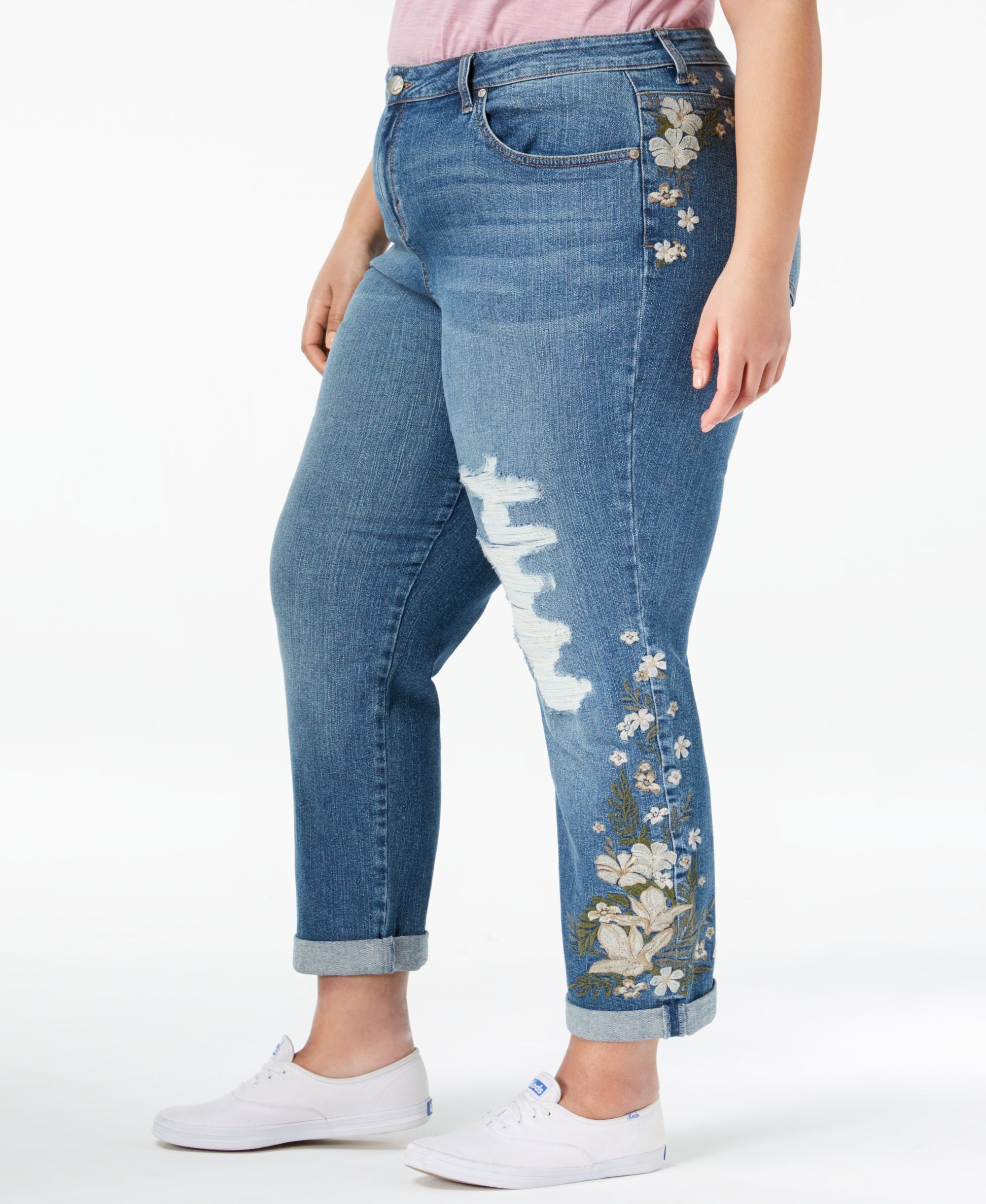 Plus Size Embroidered Distressed Boyfriend Ankle Jeans