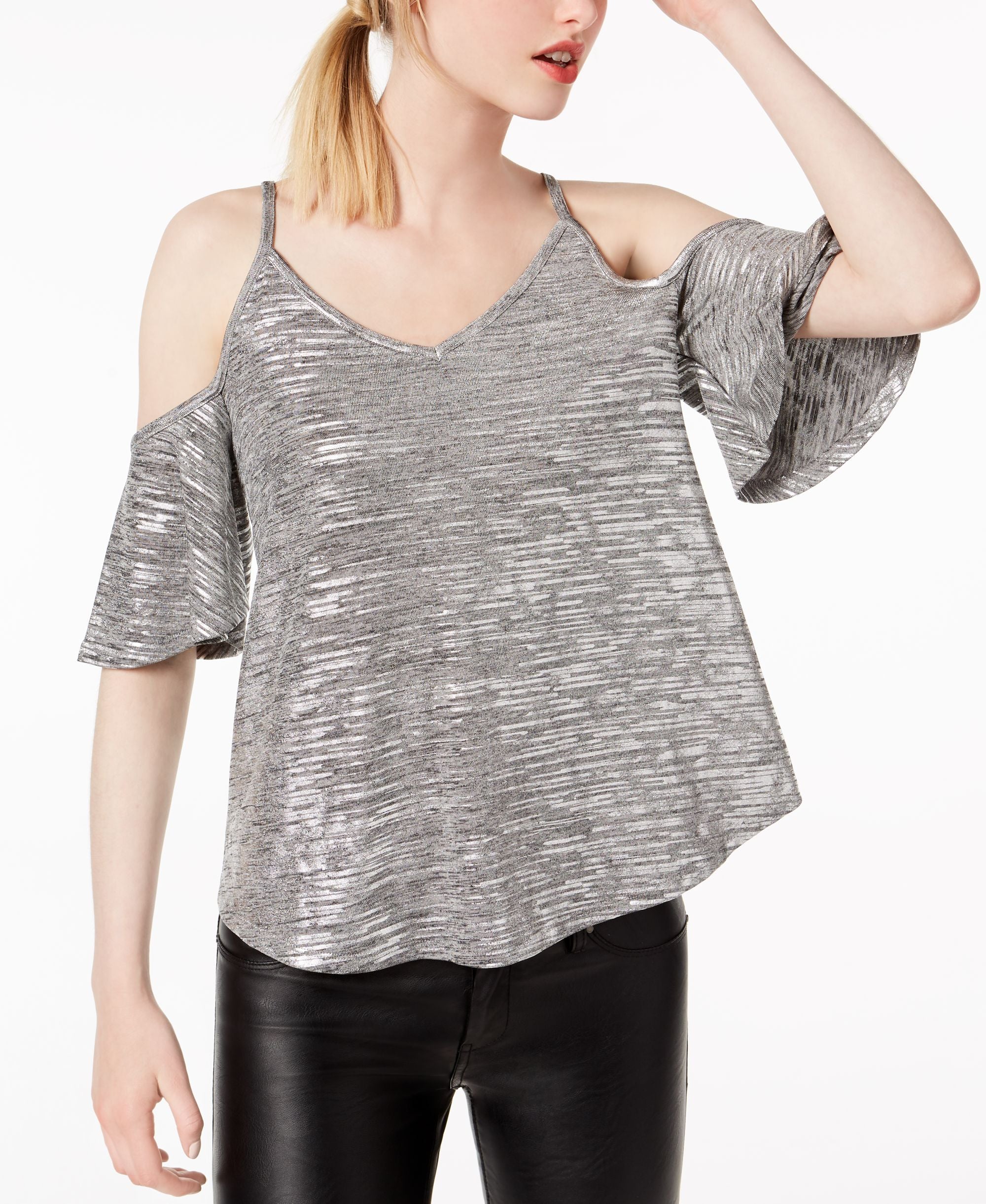 Bar III Metallic Spacedyed Cold Shoulder Top