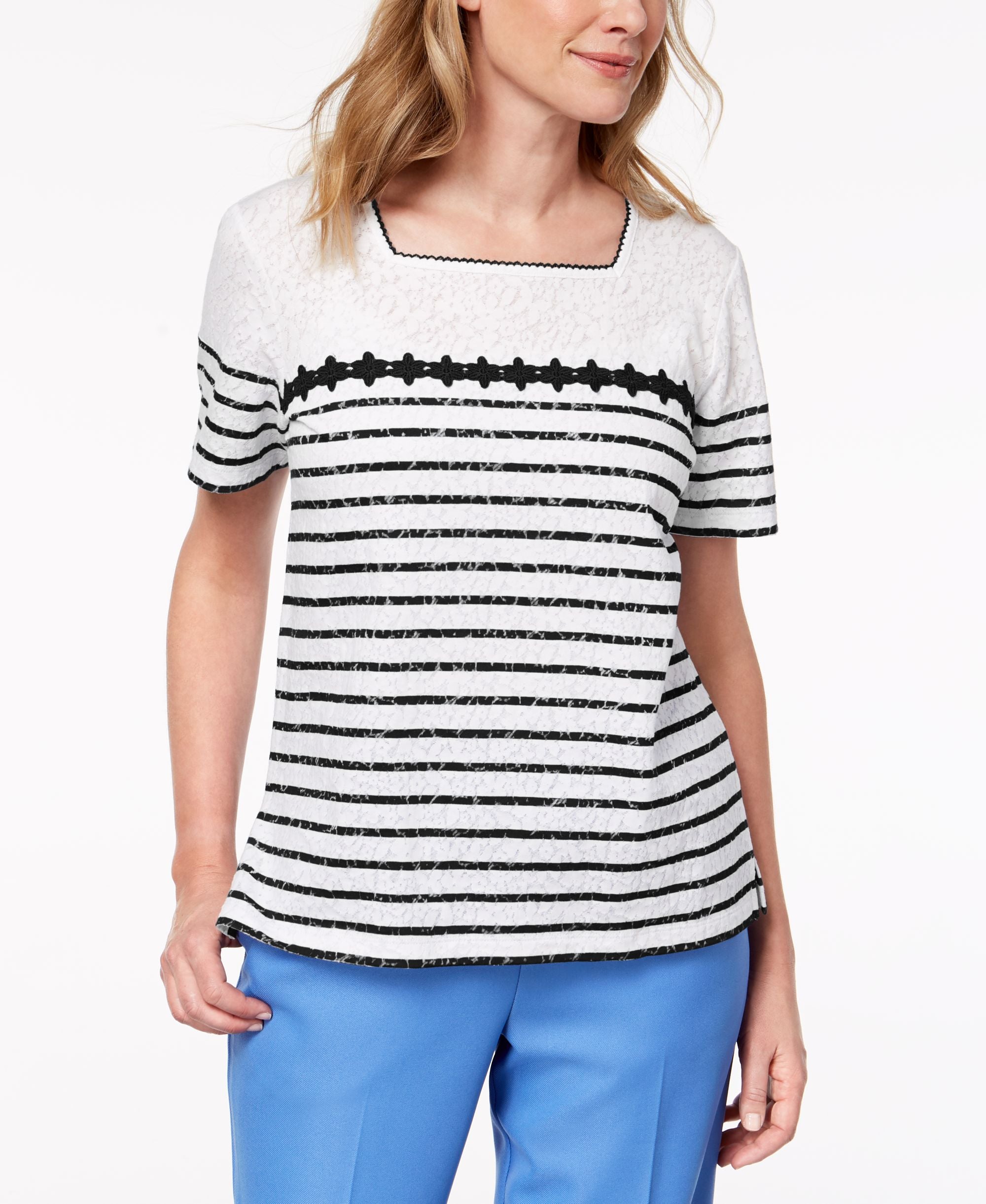 Alfred Dunner Petite Burnout Striped Lace Top