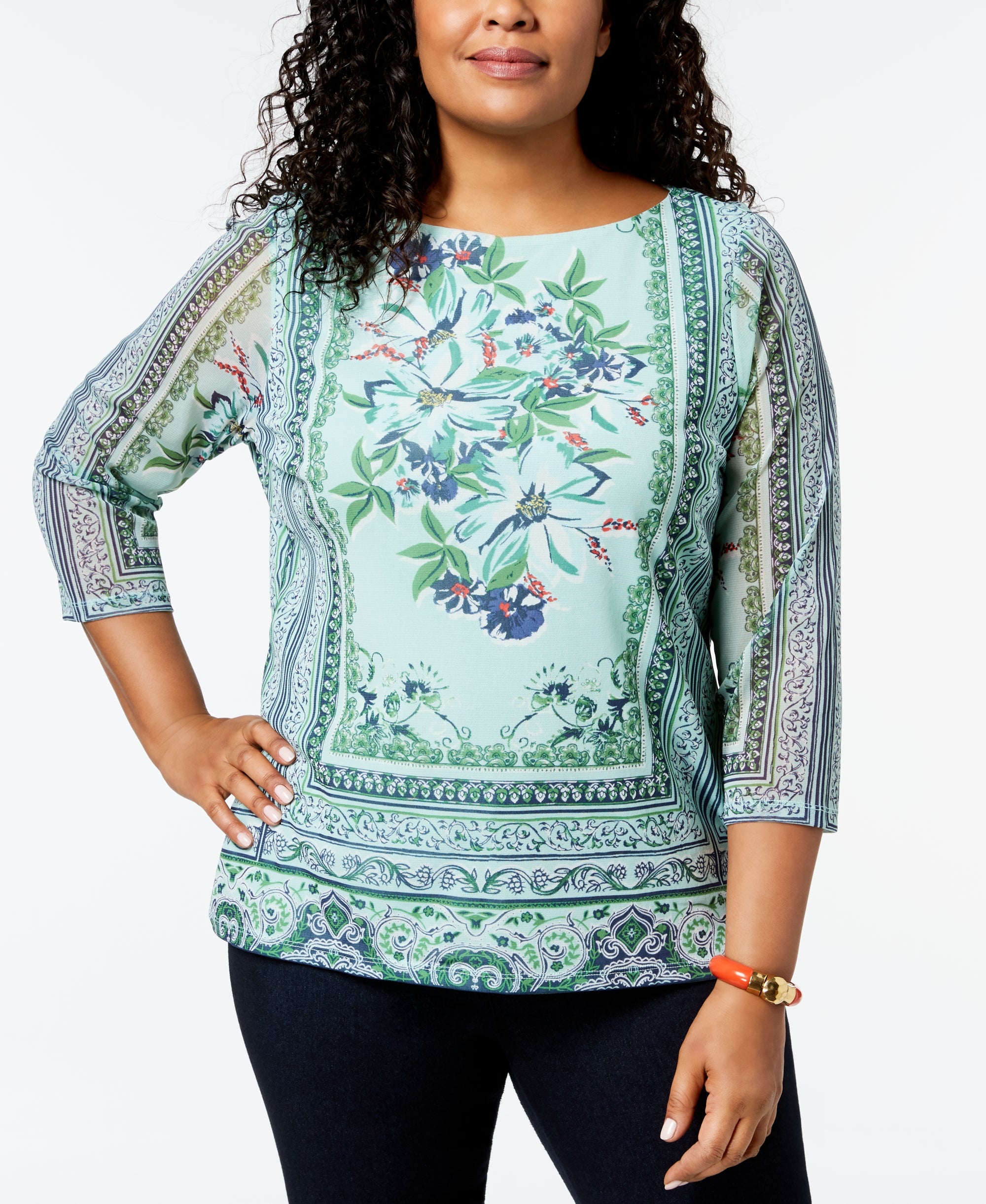 Plus Size Printed Mesh Top