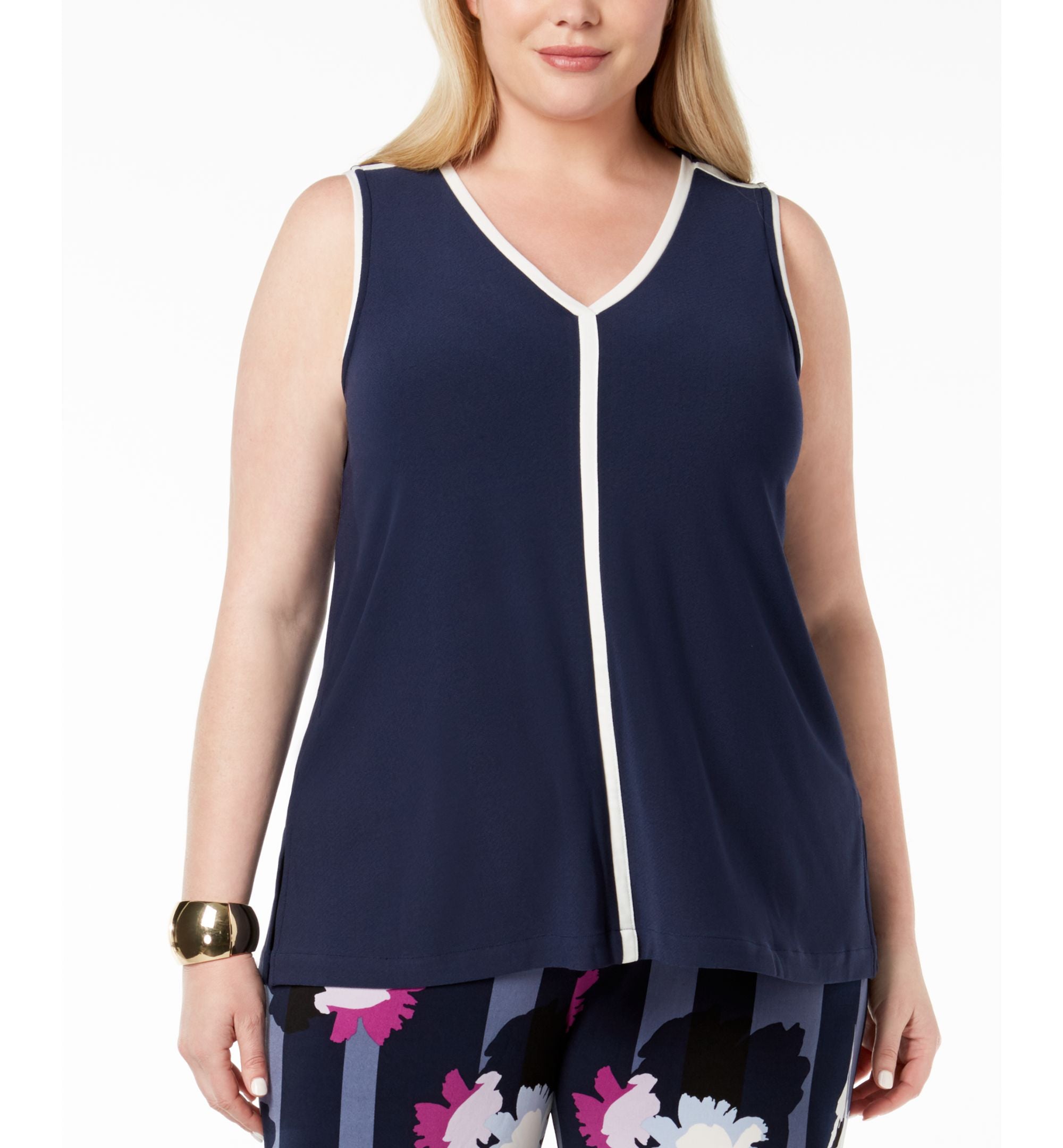 Alfani Plus Size Colorblock V Neck Top