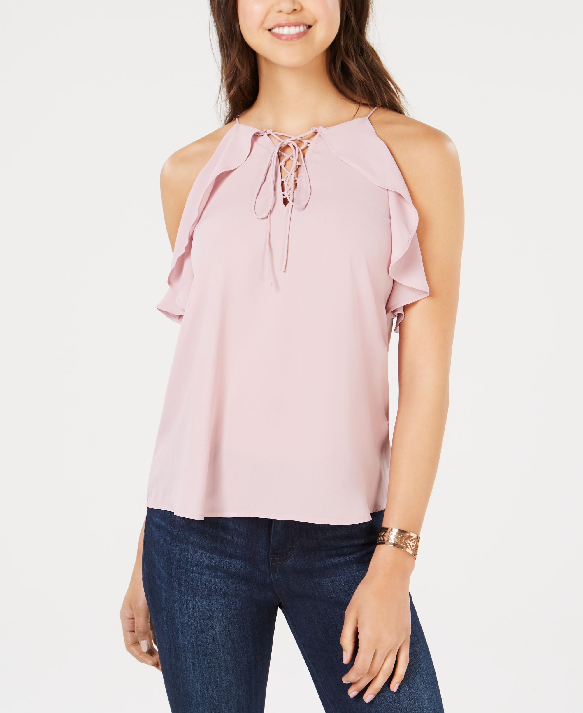 Juniors' Ruffled Lace-Up Top