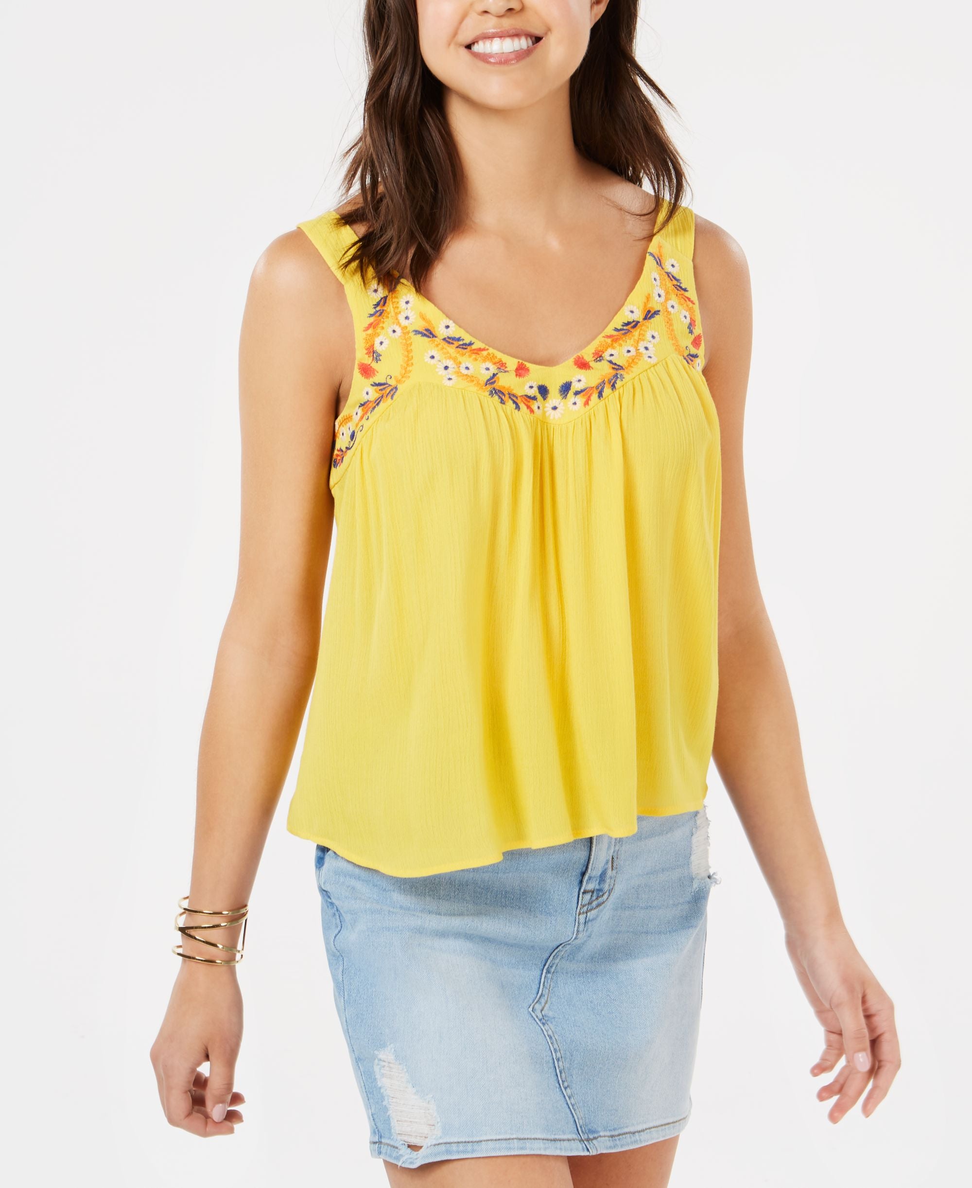 Juniors' Sleeveless Embroidered Top