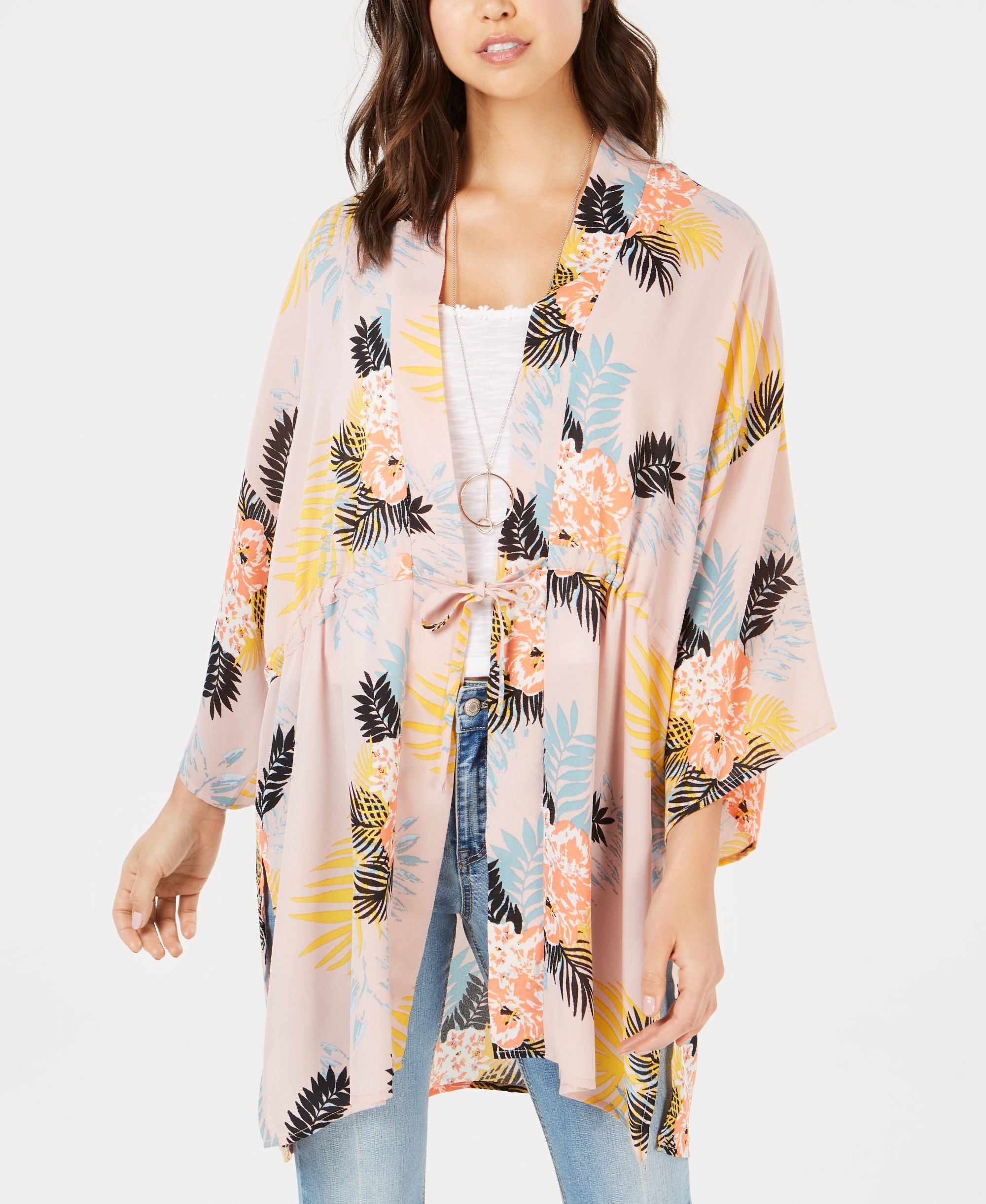 Juniors' Tie-Front Bouquet-Print Kimono