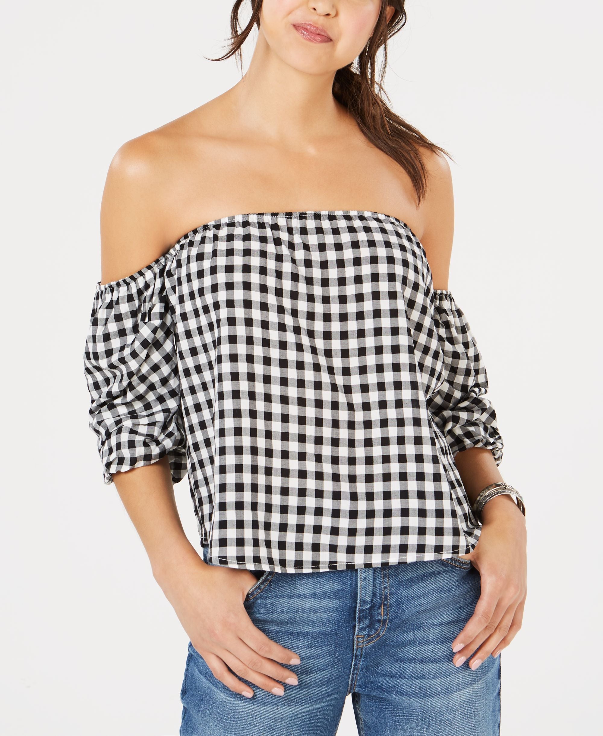 Hippie Rose Juniors Off The Shoulder Gingham Top