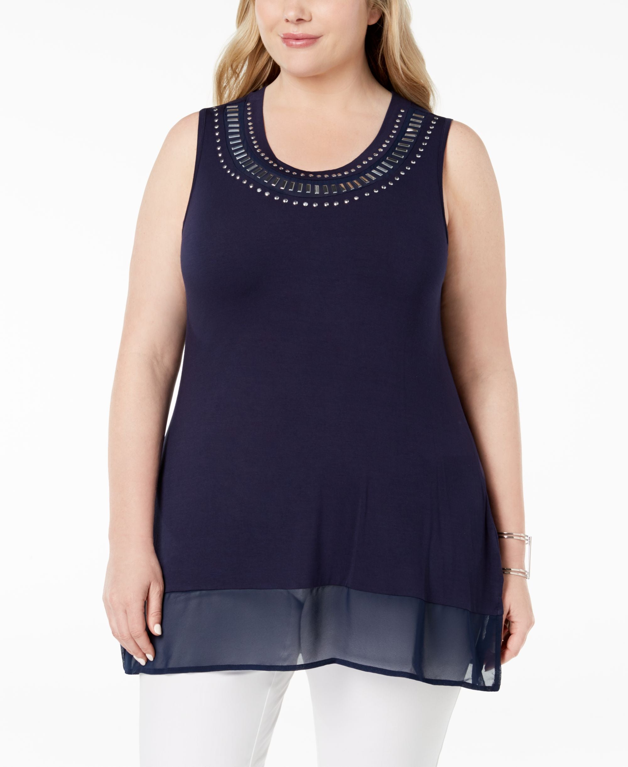 Belldini Plus Size Studded Sheer Hem Tunic Tank