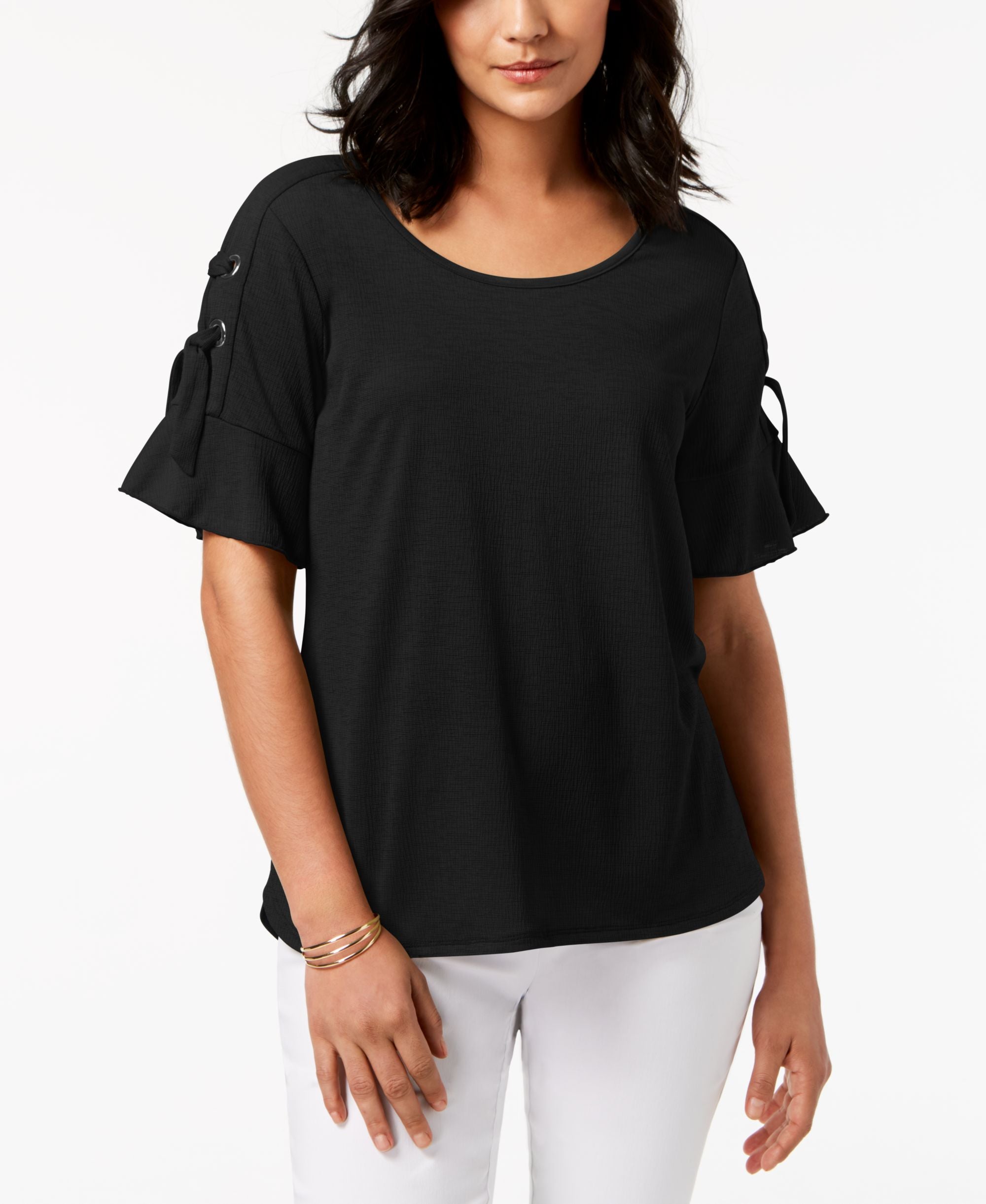 JM Collection Lace Up Ruffle Sleeve Top