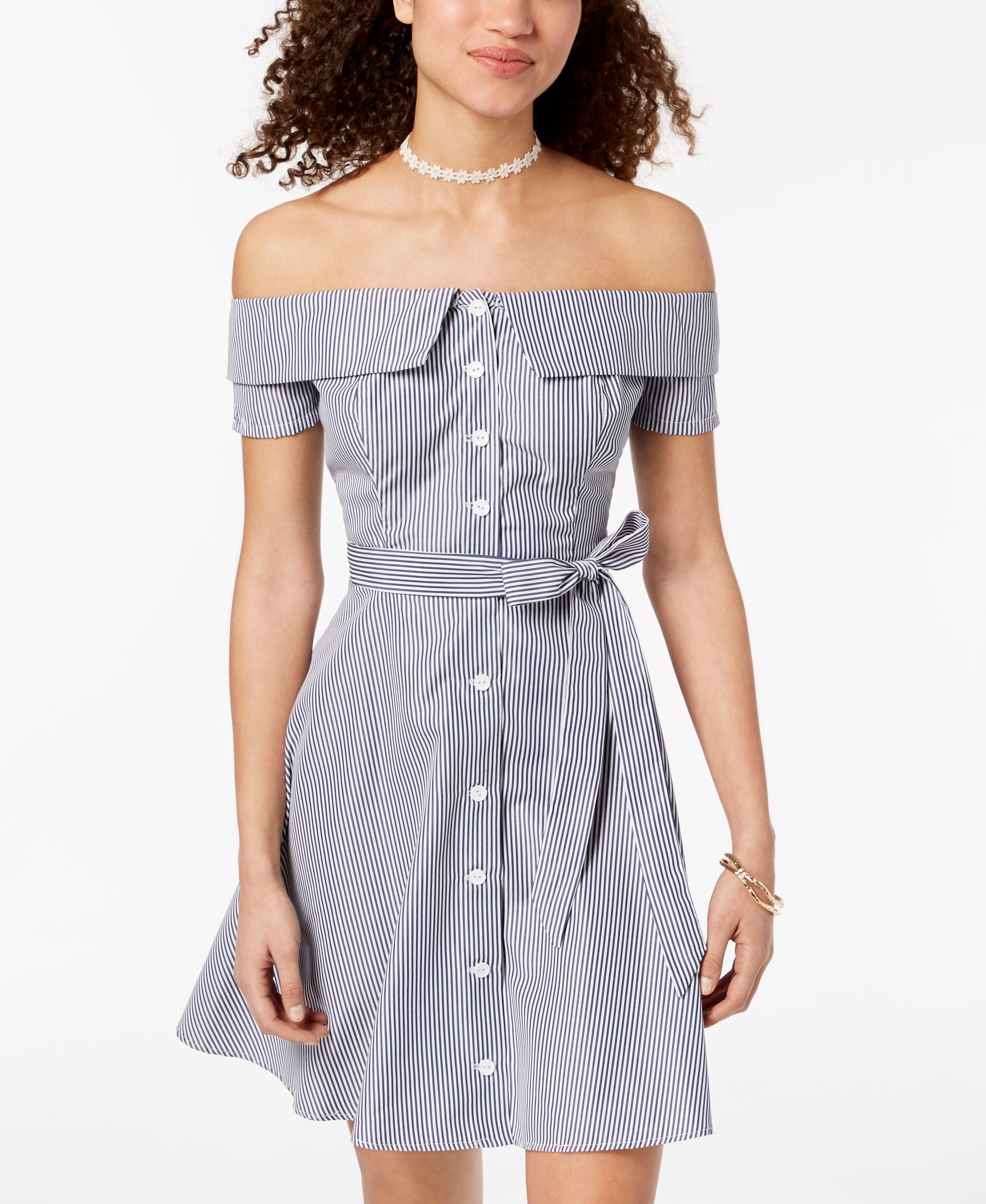 B Darlin Juniors Striped Off The Shoulder Button Dress