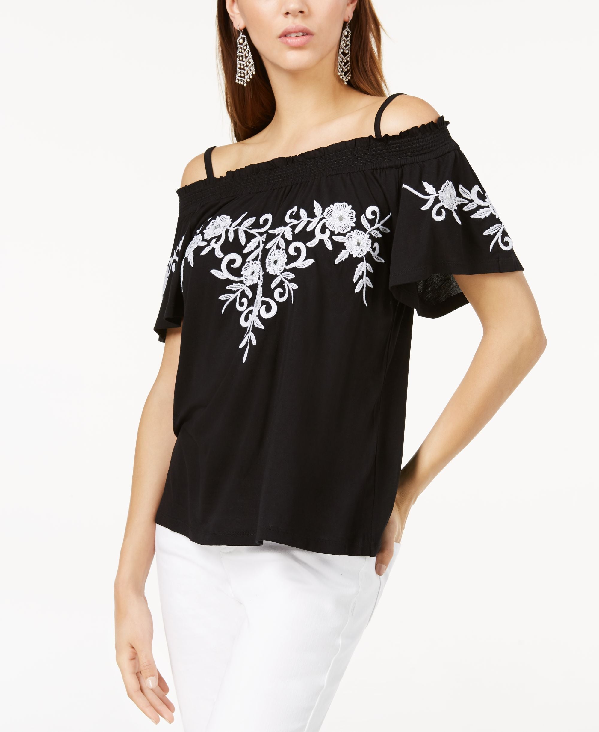 Embroidered Cold Shoulder Top