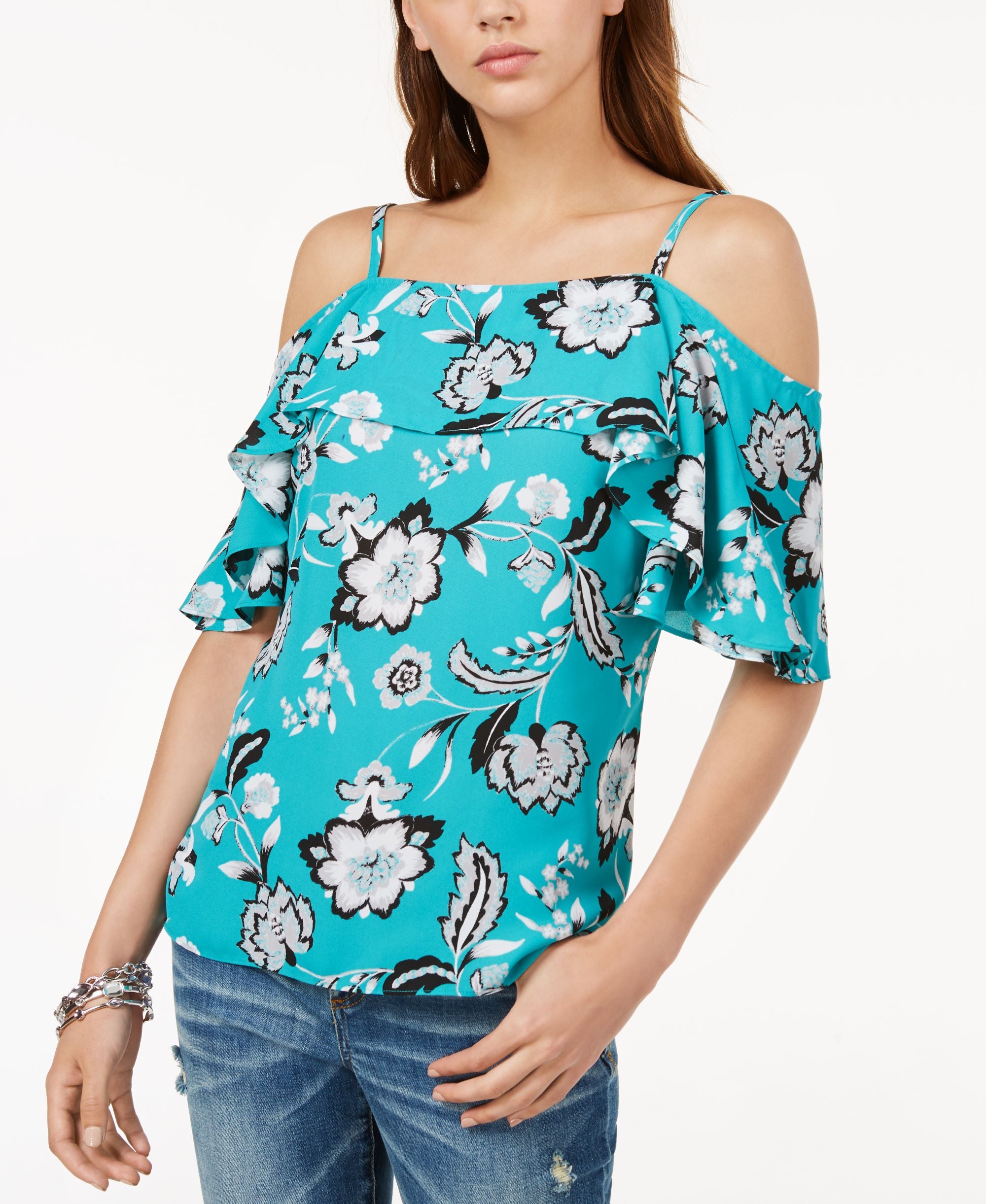 Printed Flounce Cold Shoulder Top