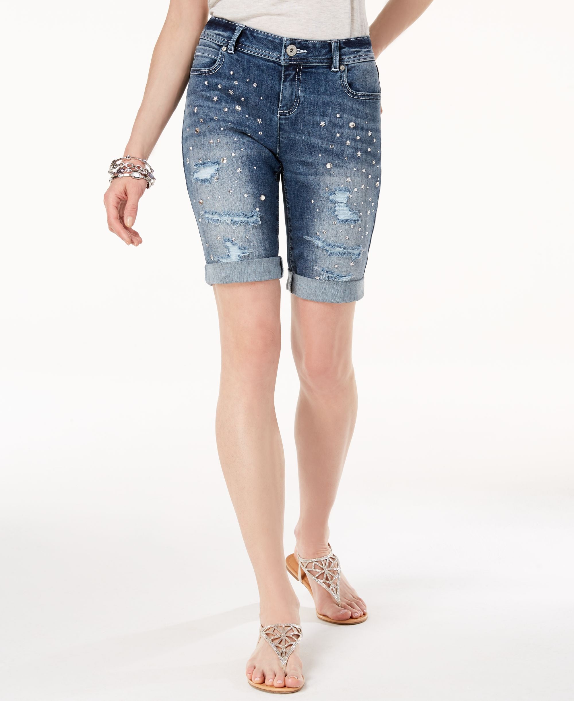 Ripped Studded Bermuda Shorts