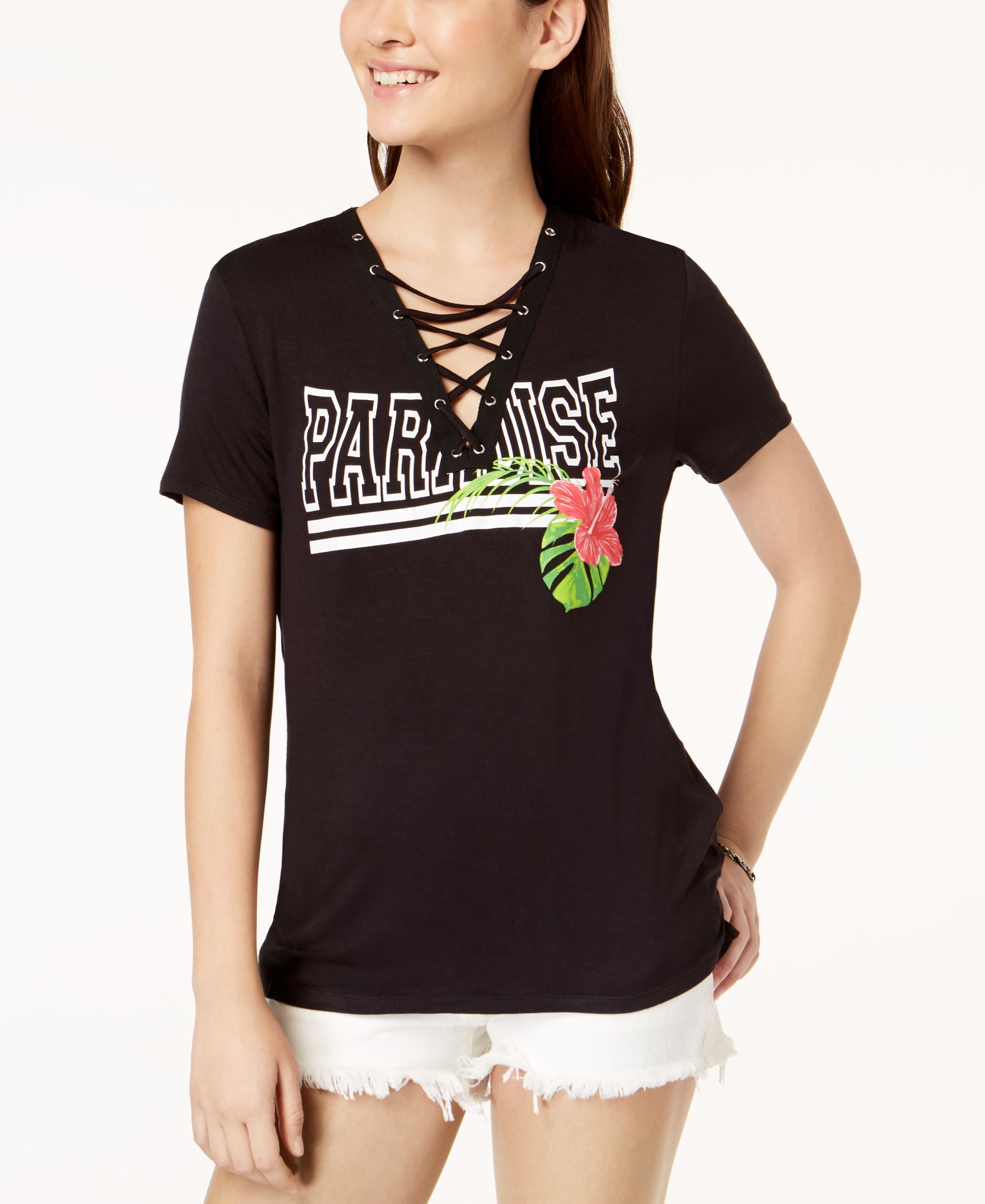 Pretty Rebellious Juniors Lace Up Graphic T-Shirt