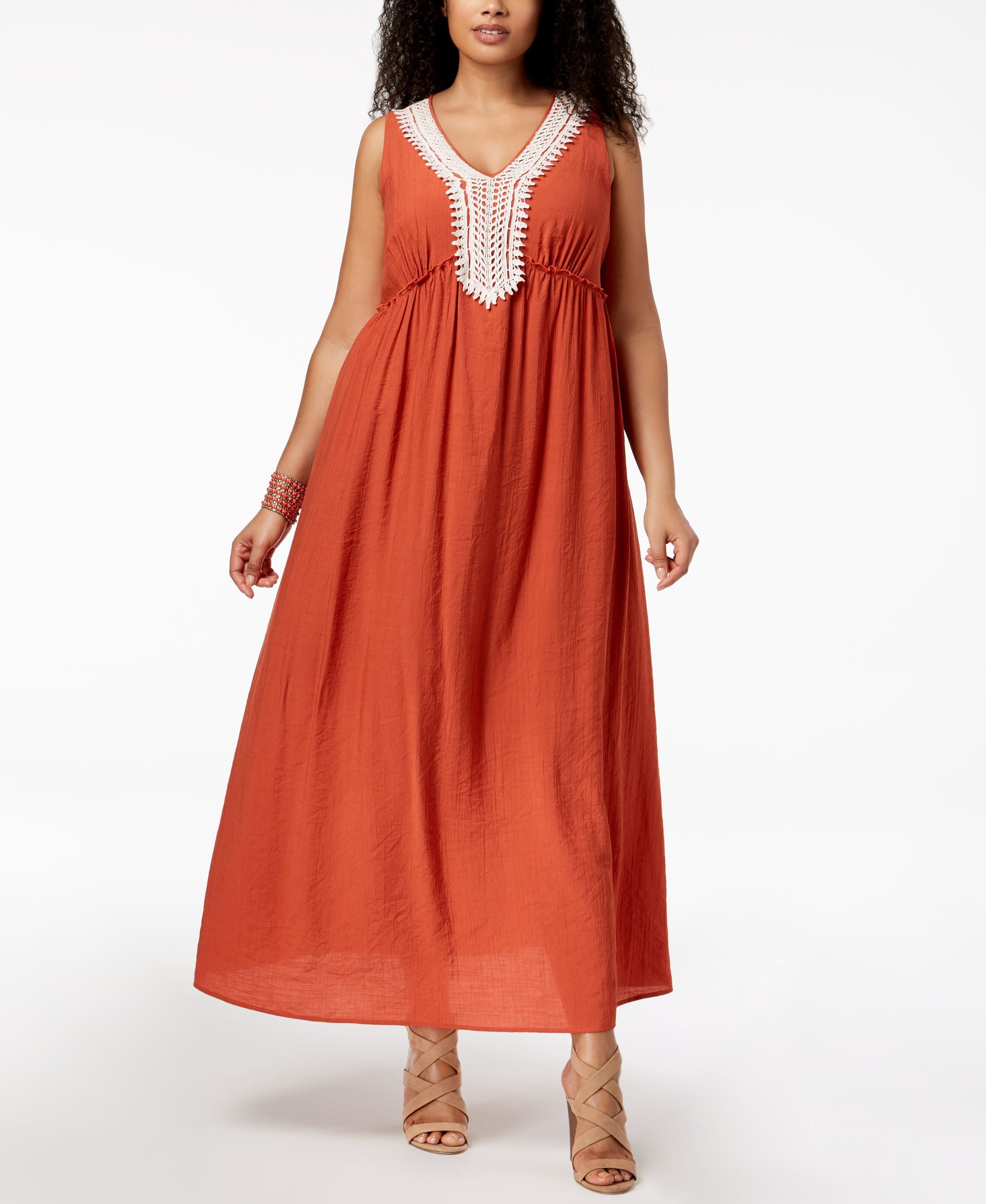 NY Collection Plus Petite Plus Size Crochet Trim Crinkle Maxi Dress