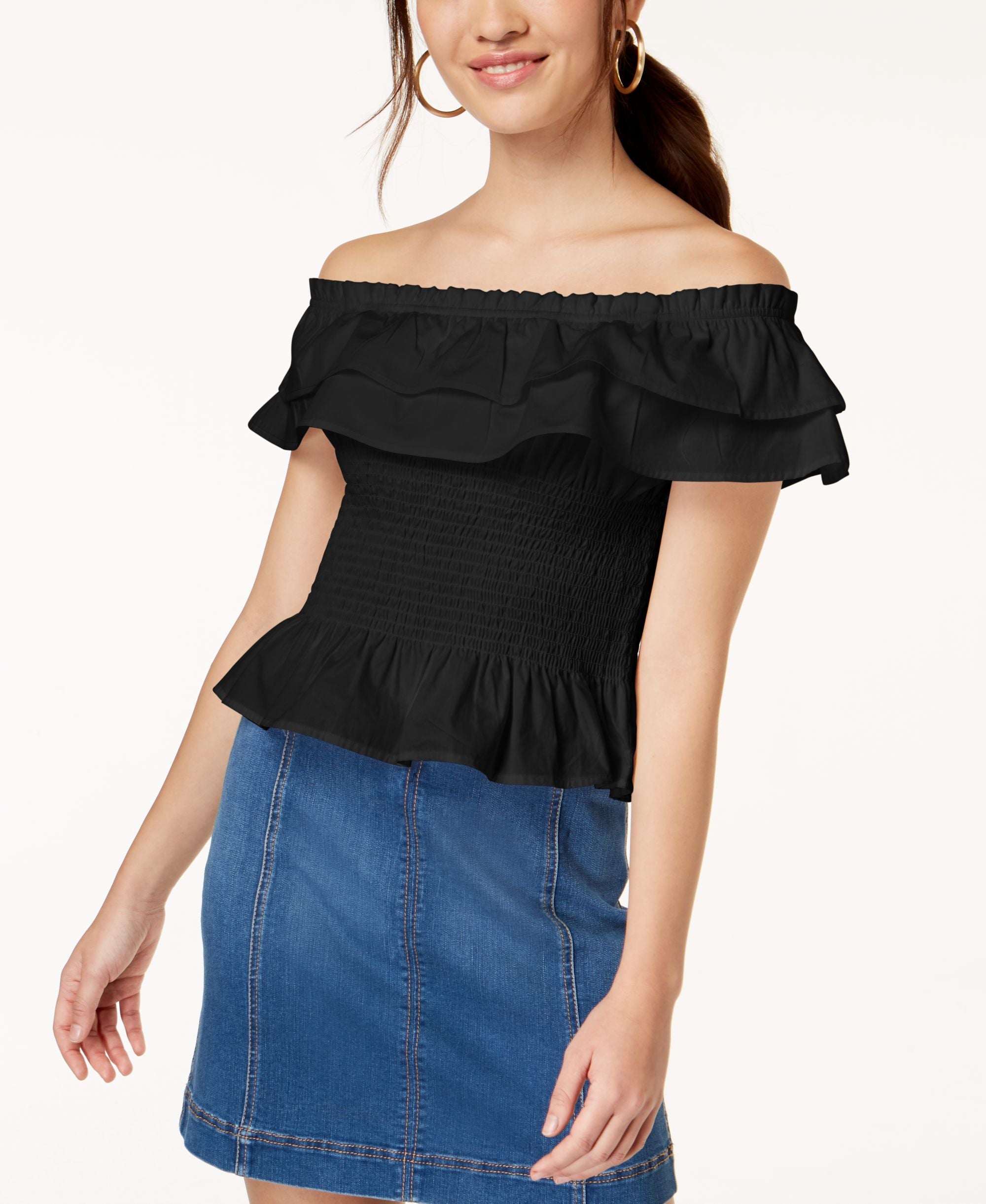 Juniors' Cotton Off-The-Shoulder Smocked Top