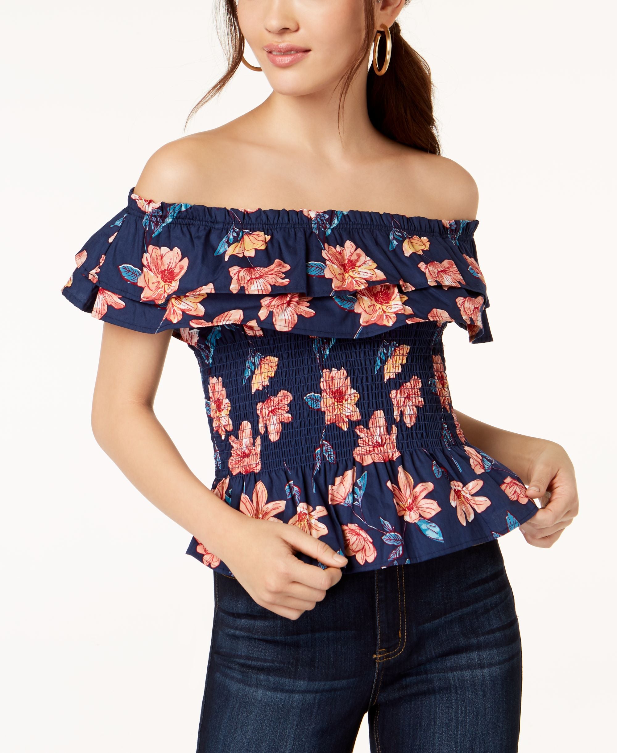 Juniors' Cotton Off-The-Shoulder Smocked Top