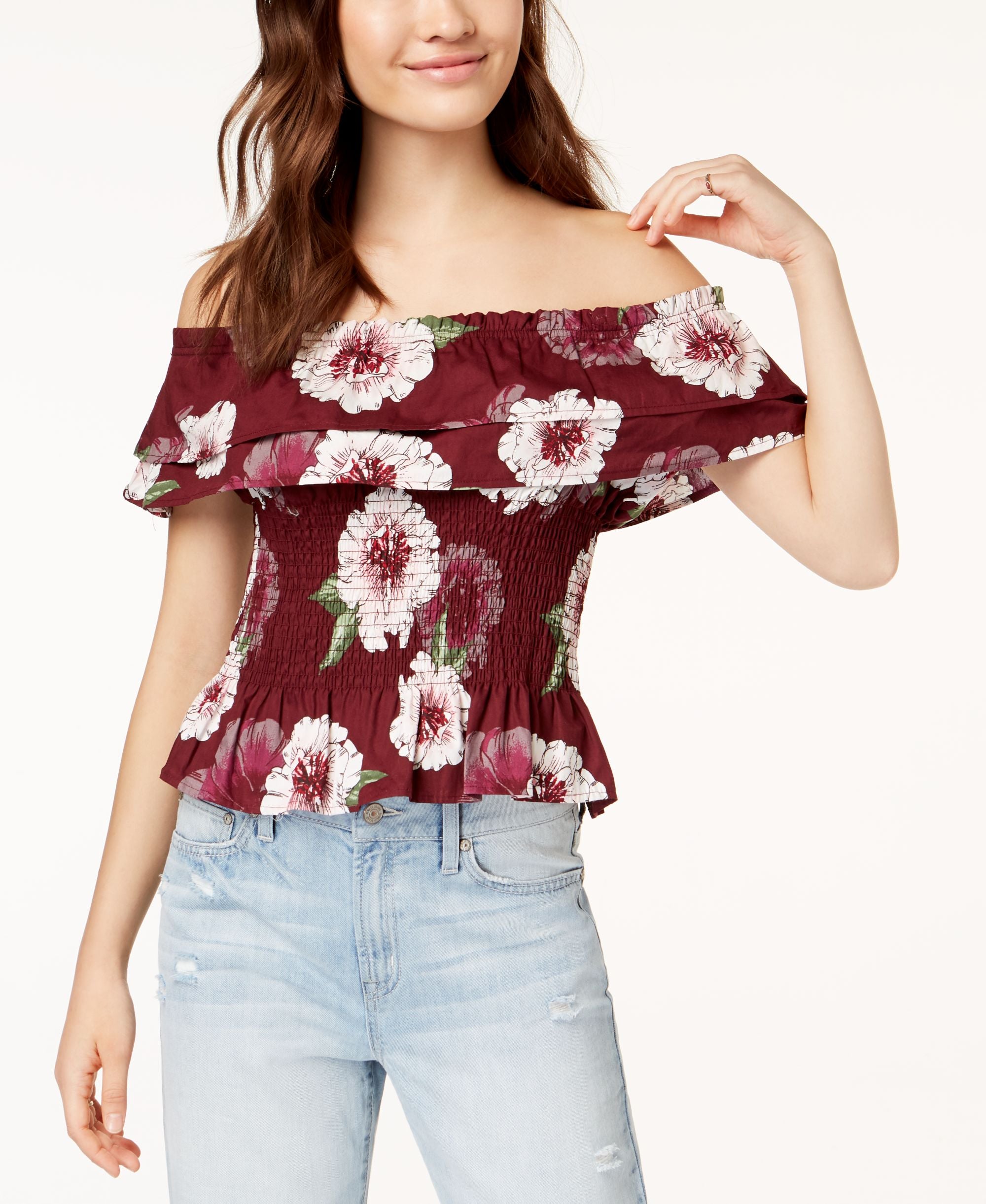 Juniors' Cotton Off-The-Shoulder Smocked Top
