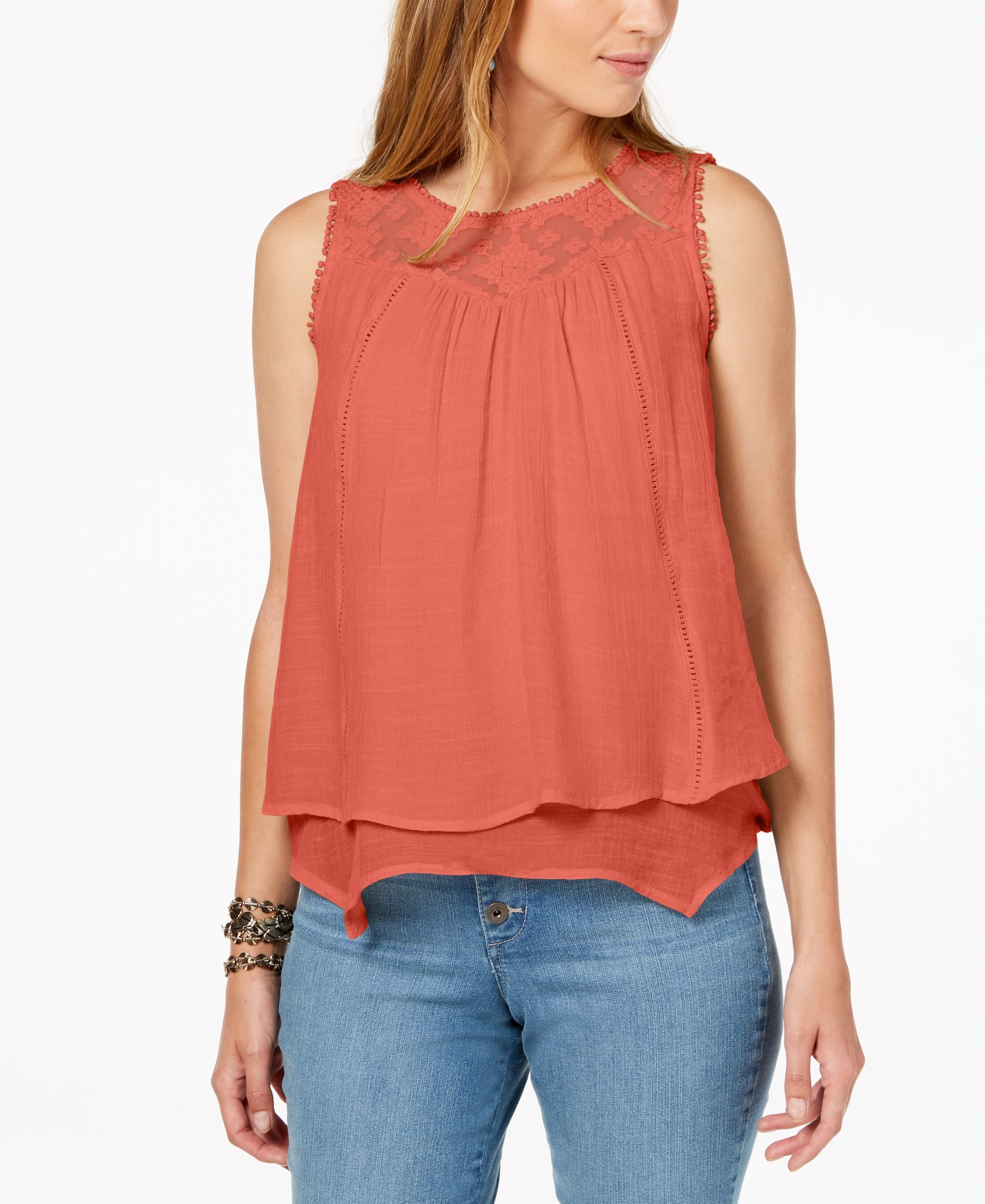 Petite Layered-Hem Lace-Trim Top