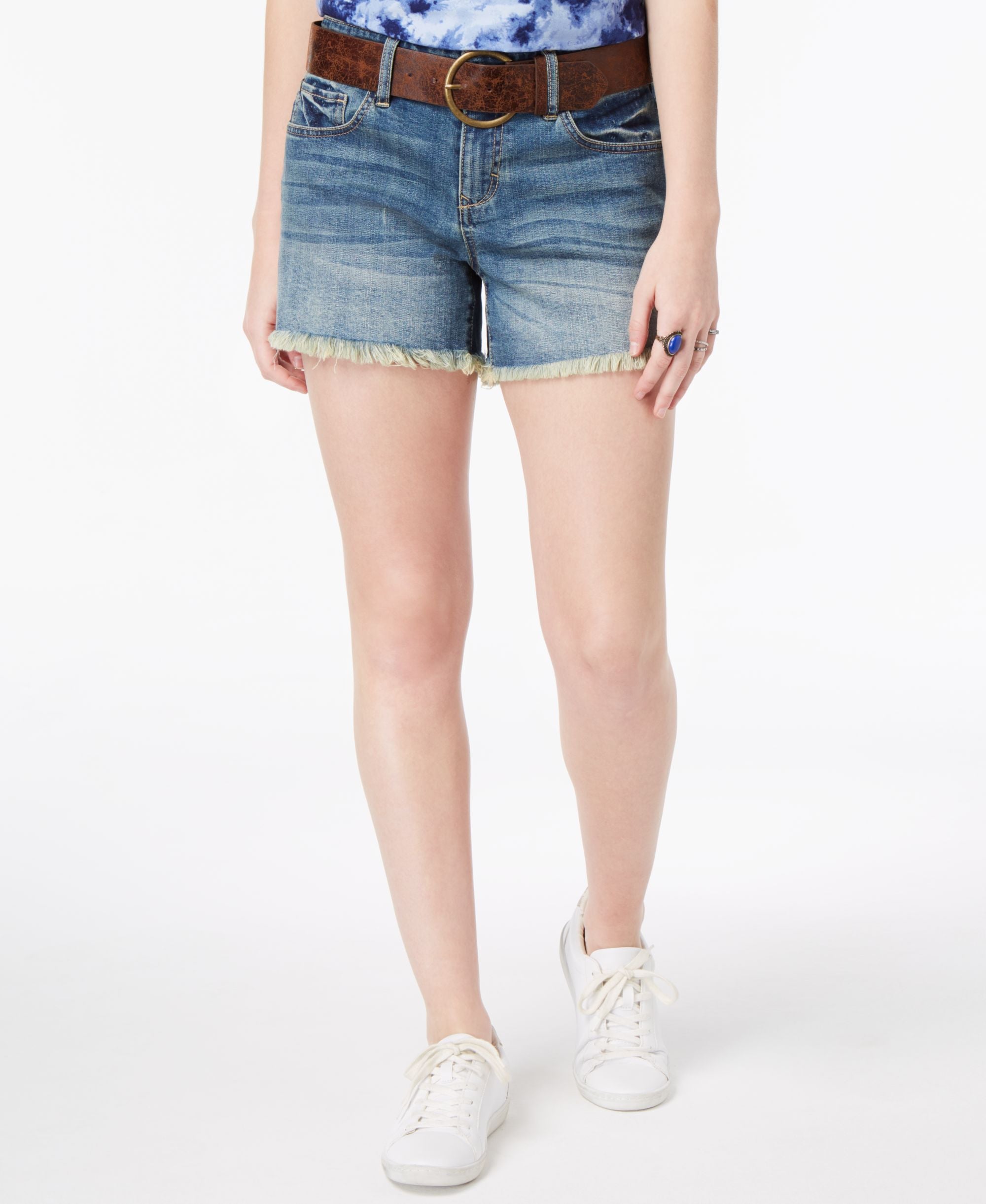 Dollhouse Juniors Belted Frayed Hem Denim Shorts