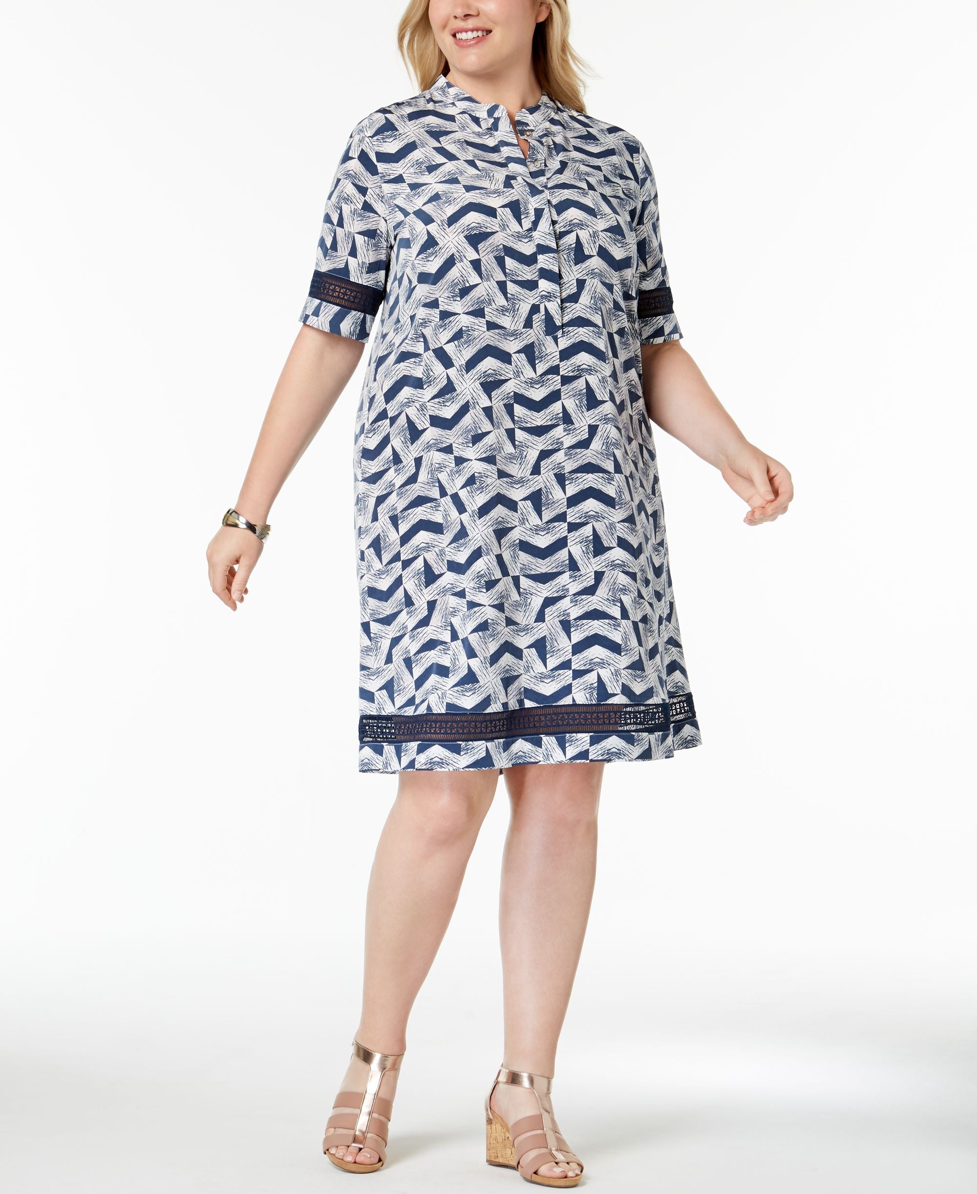 Alfani Plus Size Printed Lace Trim Shirtdress