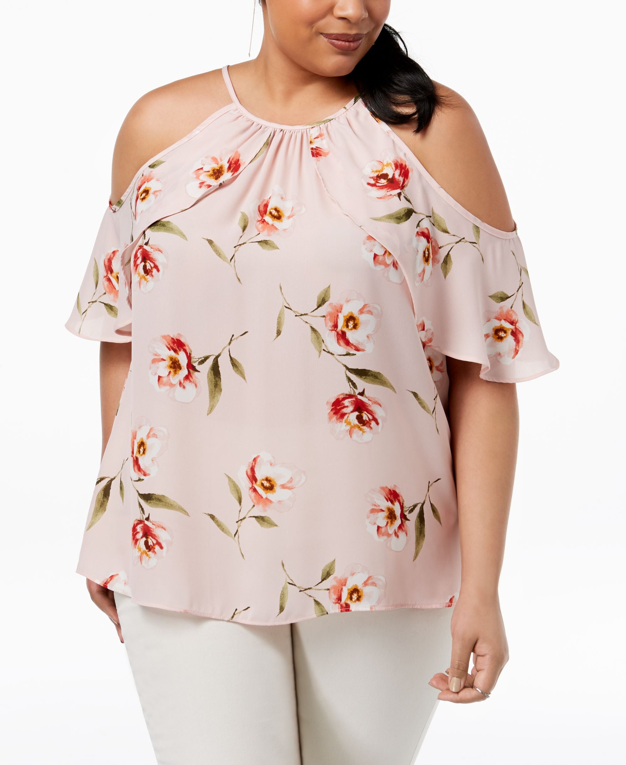 Soprano Trendy Plus Size Printed Cold Shoulder Ruffle Top