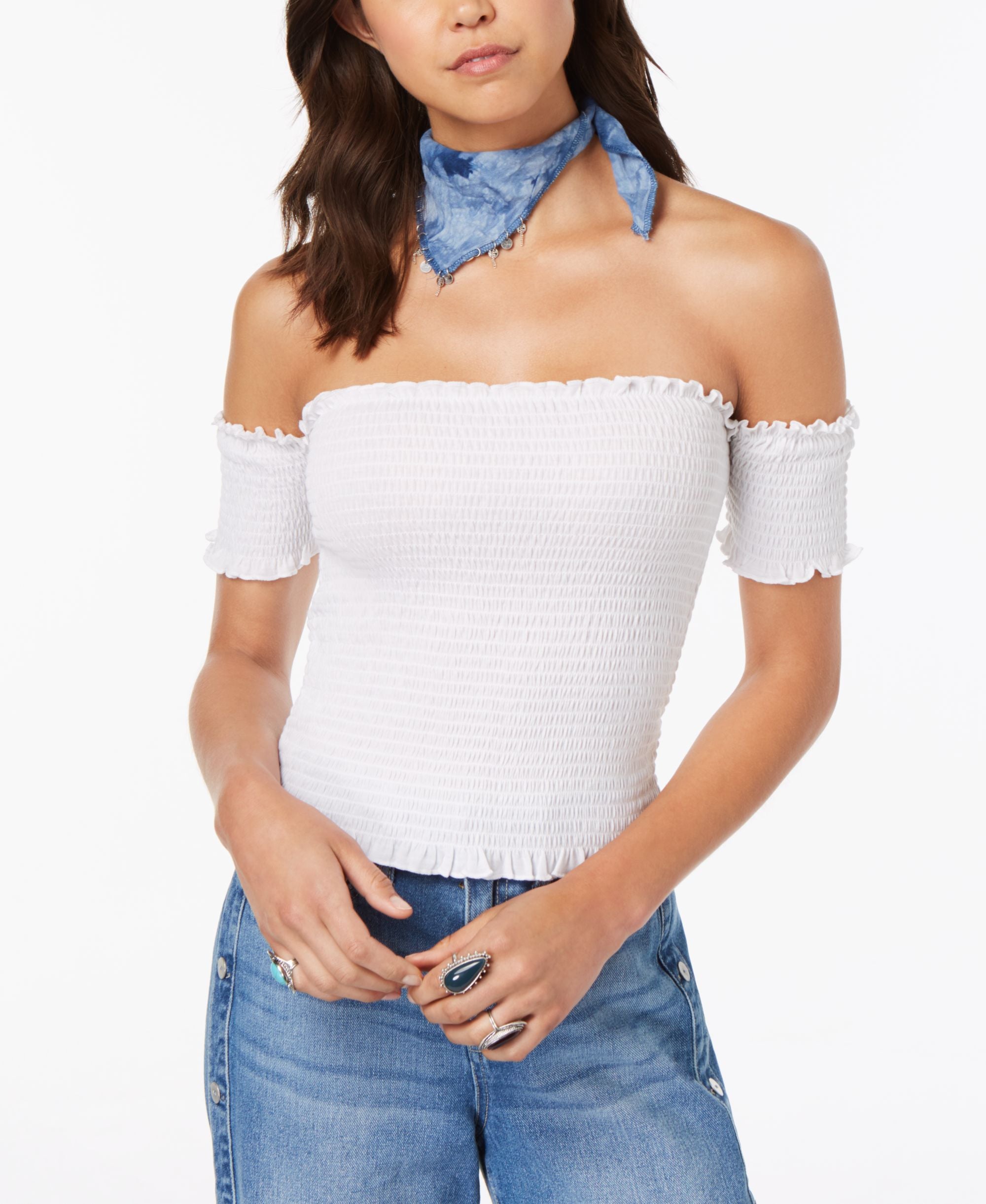 Juniors' Smocked Off-The-Shoulder Crop Top