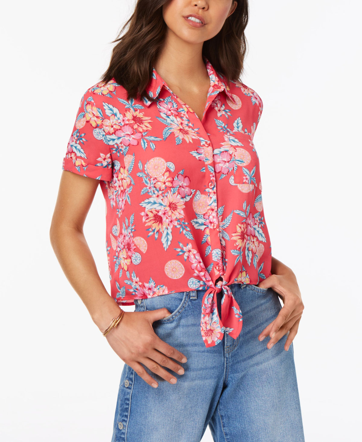 Hippie Rose Juniors Printed Tie Front Camp Shirt
