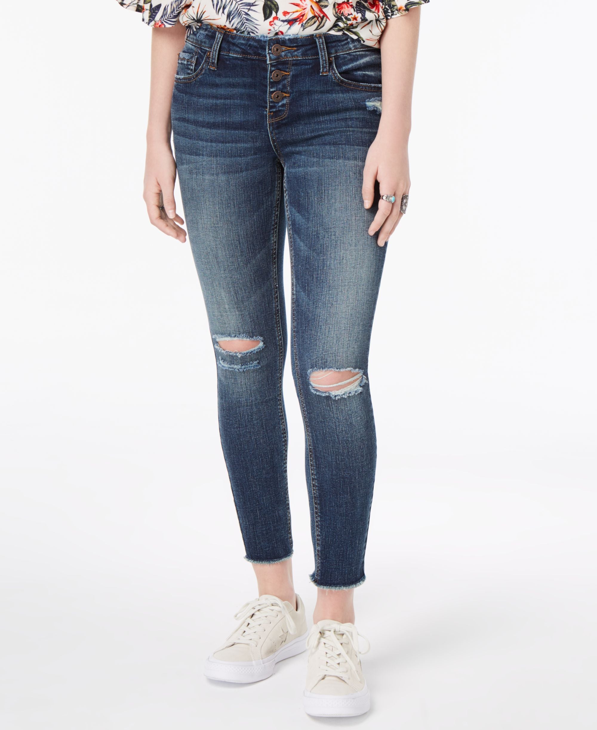 Vanilla Star Juniors Ripped Button Fly Skinny Jeans