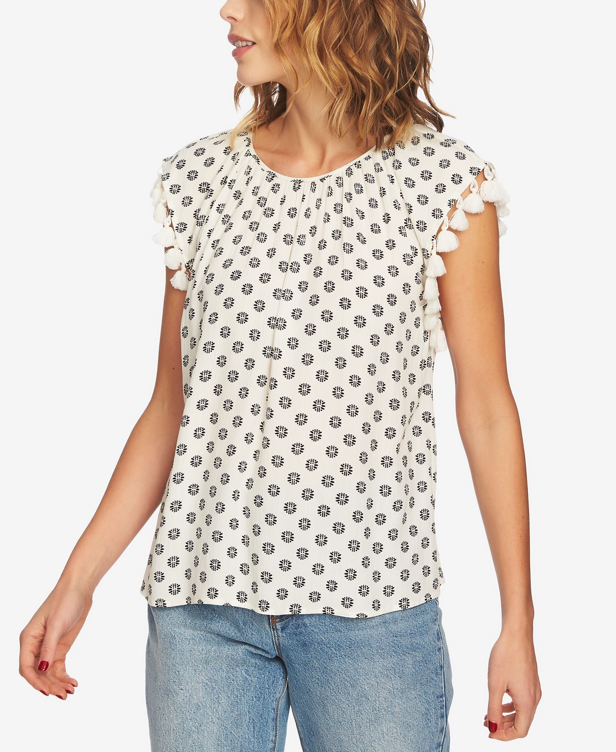 1.State Printed Tassel Sleeve Blouse