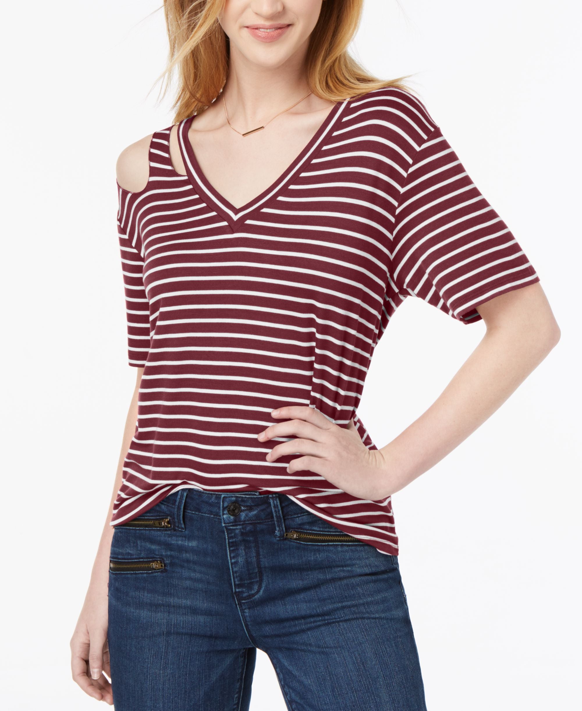 Juniors' Striped Cutout T-Shirt