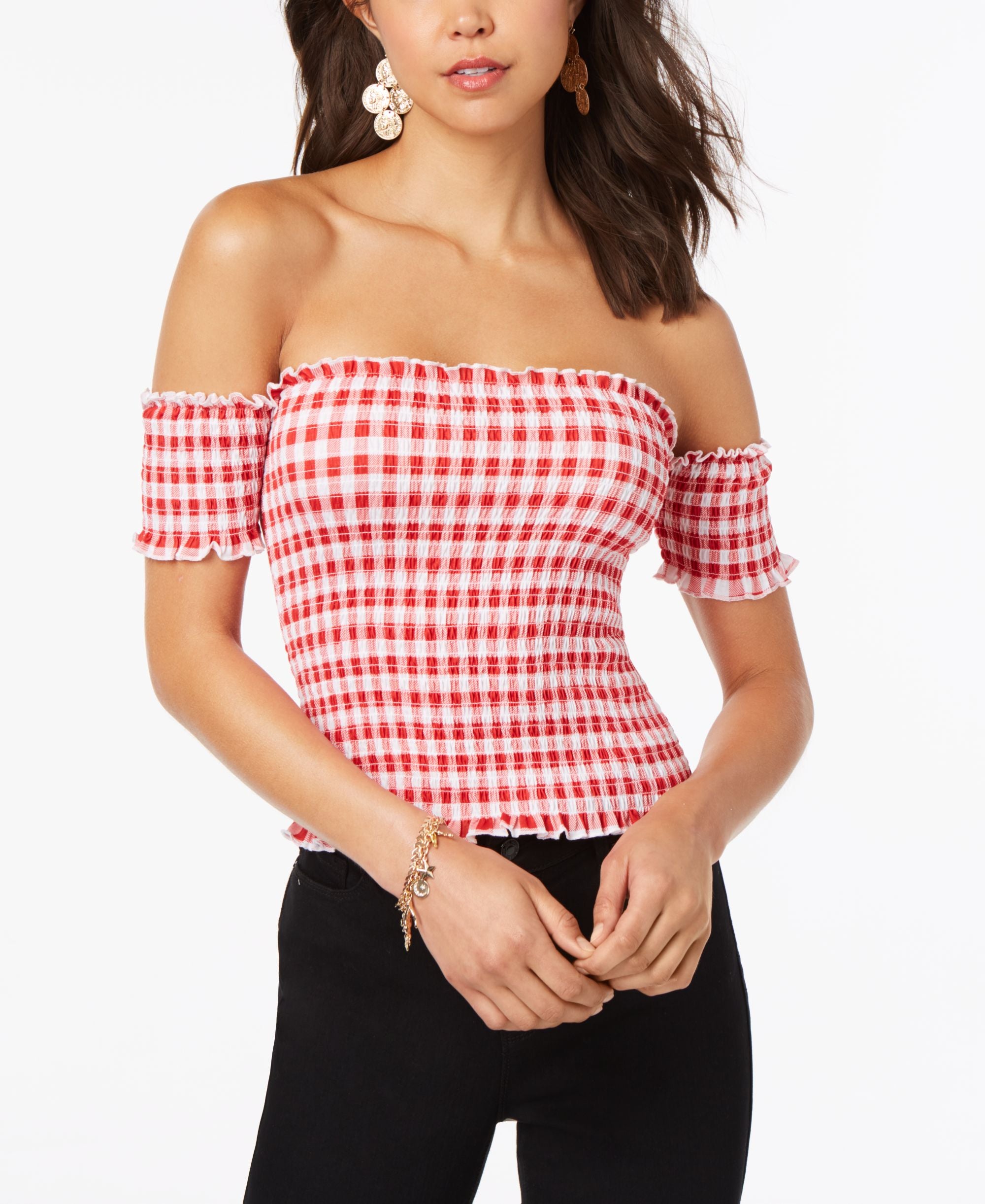 Juniors' Printed Smocked Off-The-Shoulder Crop Top