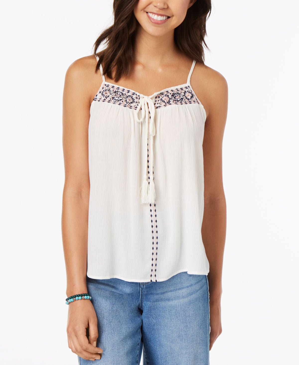 Juniors' Embroidered Tie-Front Tank Top