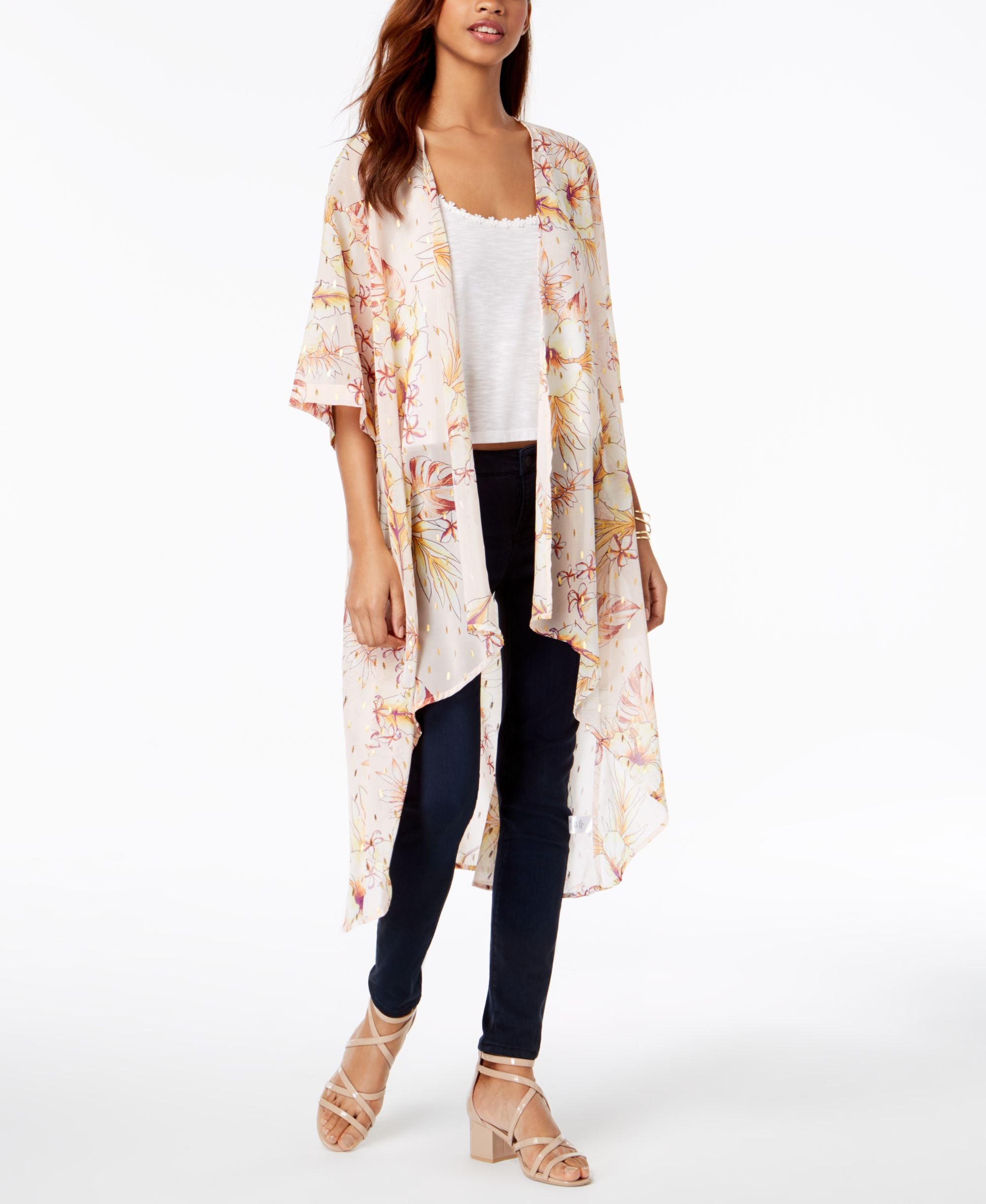 Juniors' Printed Open-Front Kimono