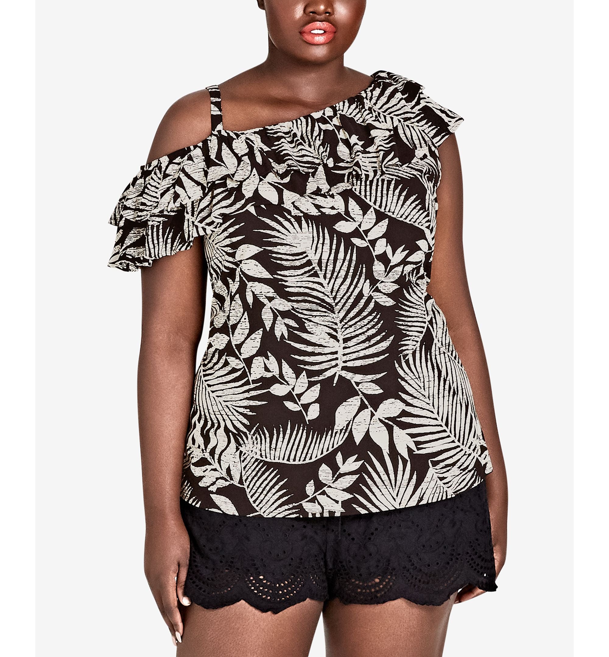 City Chic Trendy Plus Size Palm Print Ruffle Top