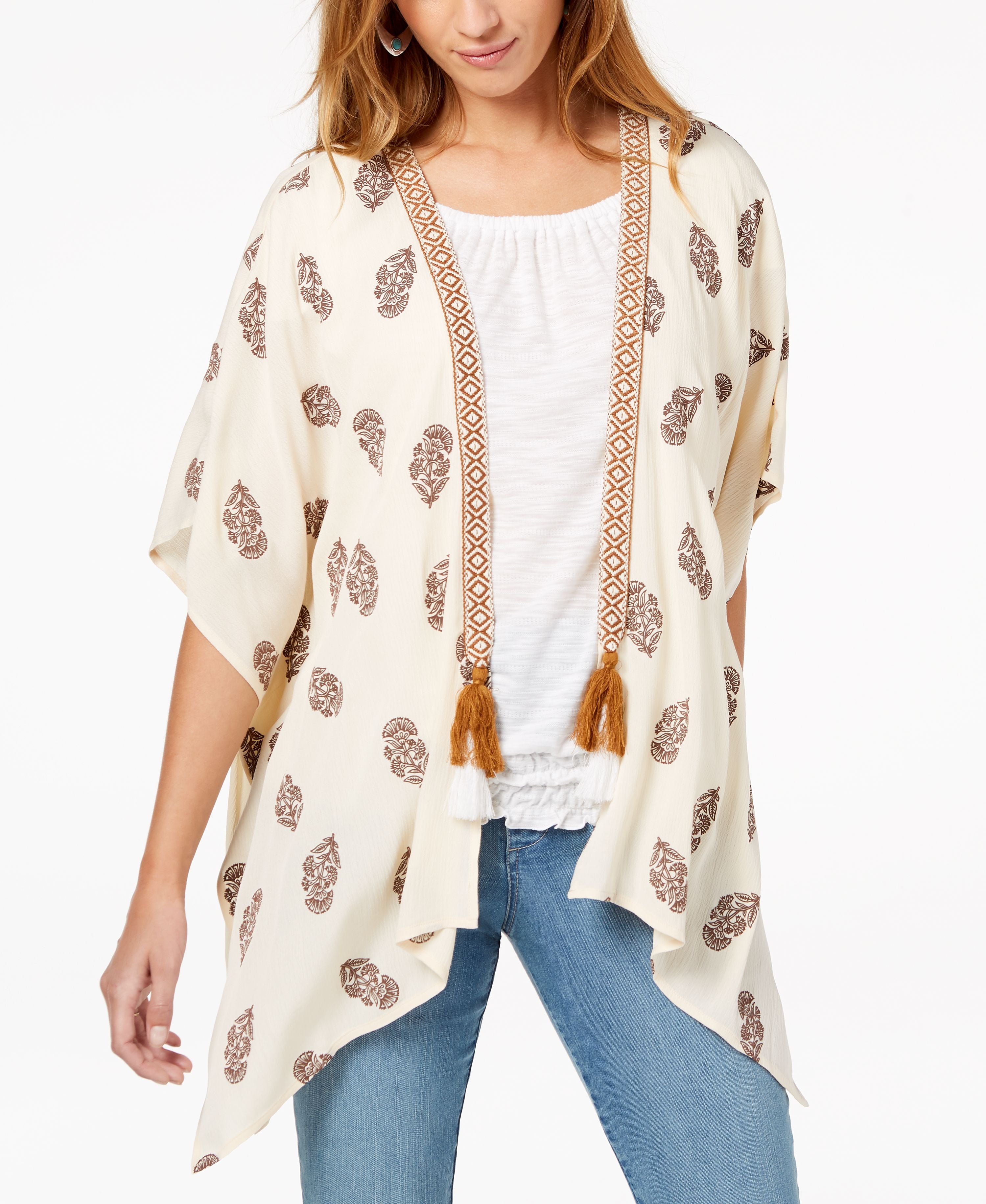 Style & Co Tassel-Trim Kimono Woodblock L