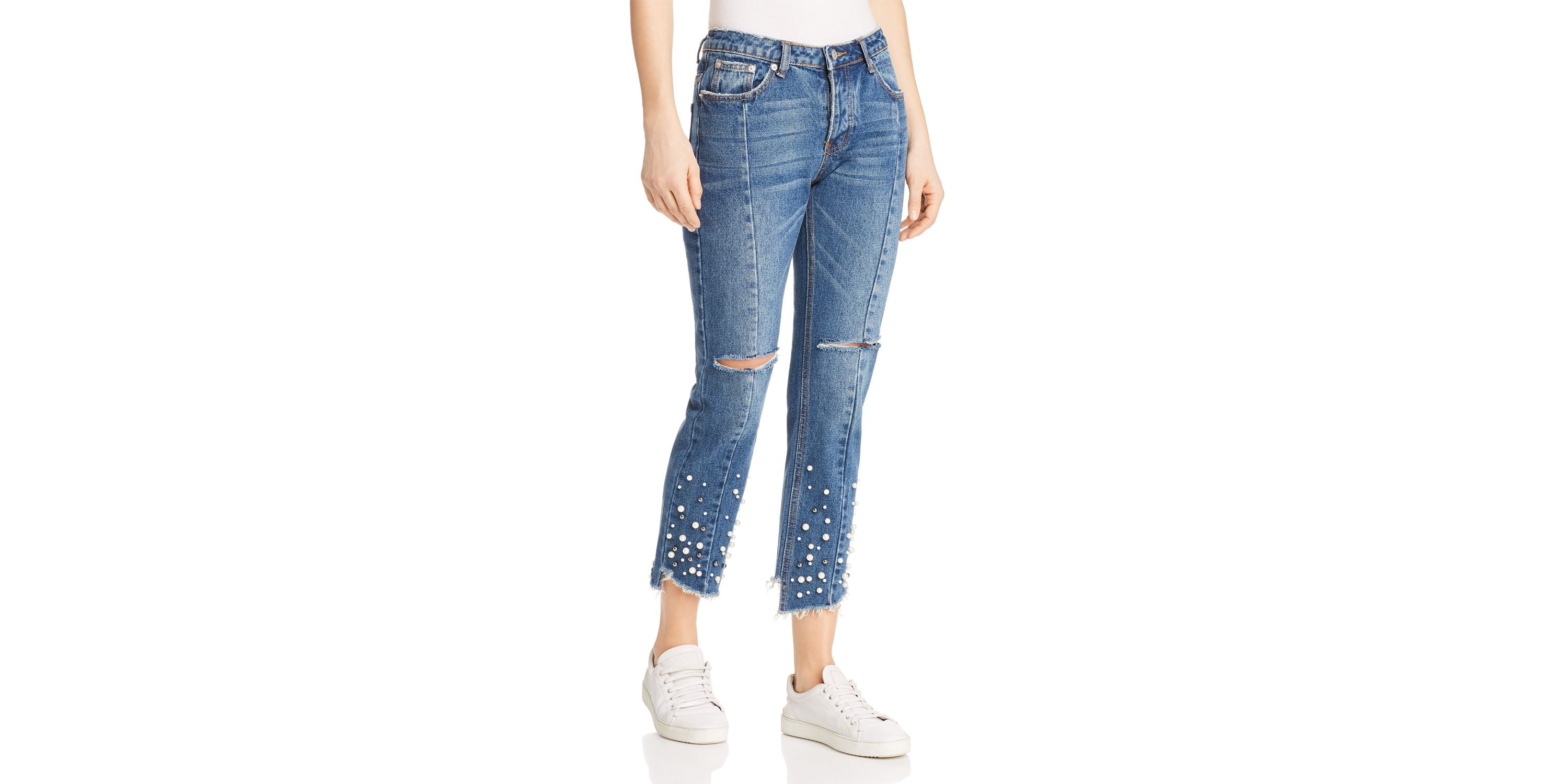 Sunset & Spring Embellished Distressed Straight-Leg Jeans In Denim