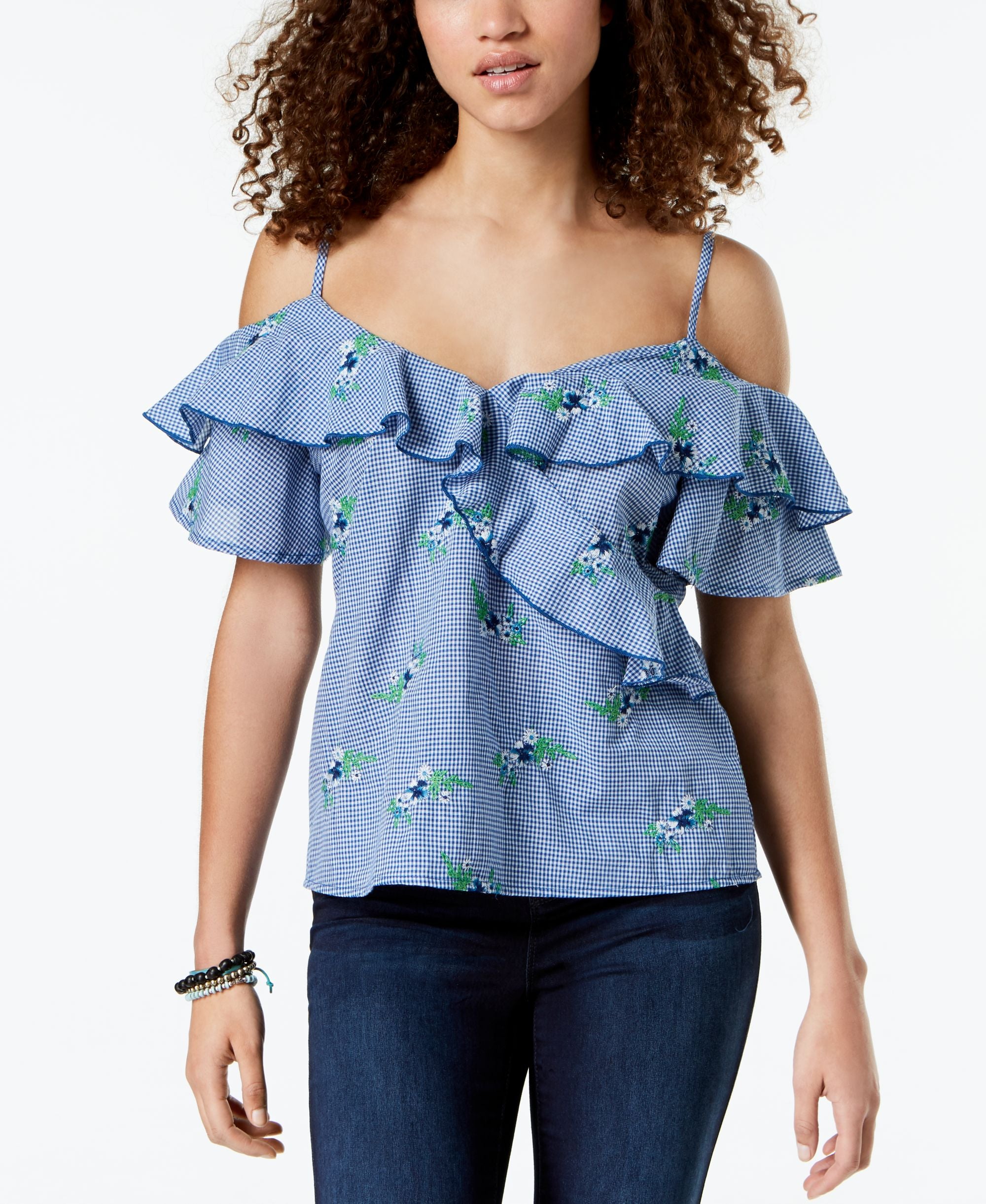 Juniors' Ruffled Gingham Off-The-Shoulder Blouse