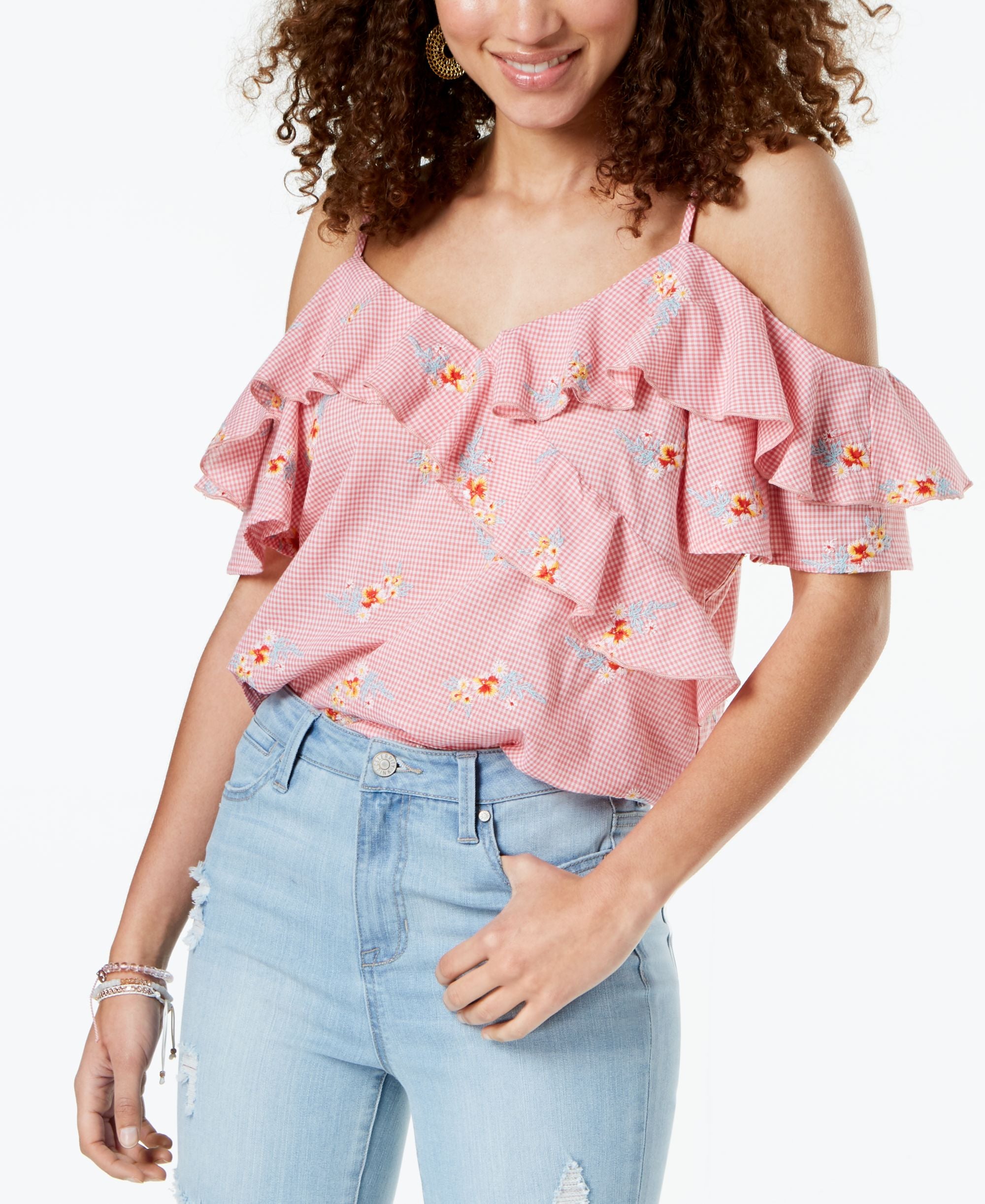 Juniors' Ruffled Gingham Off-The-Shoulder Blouse