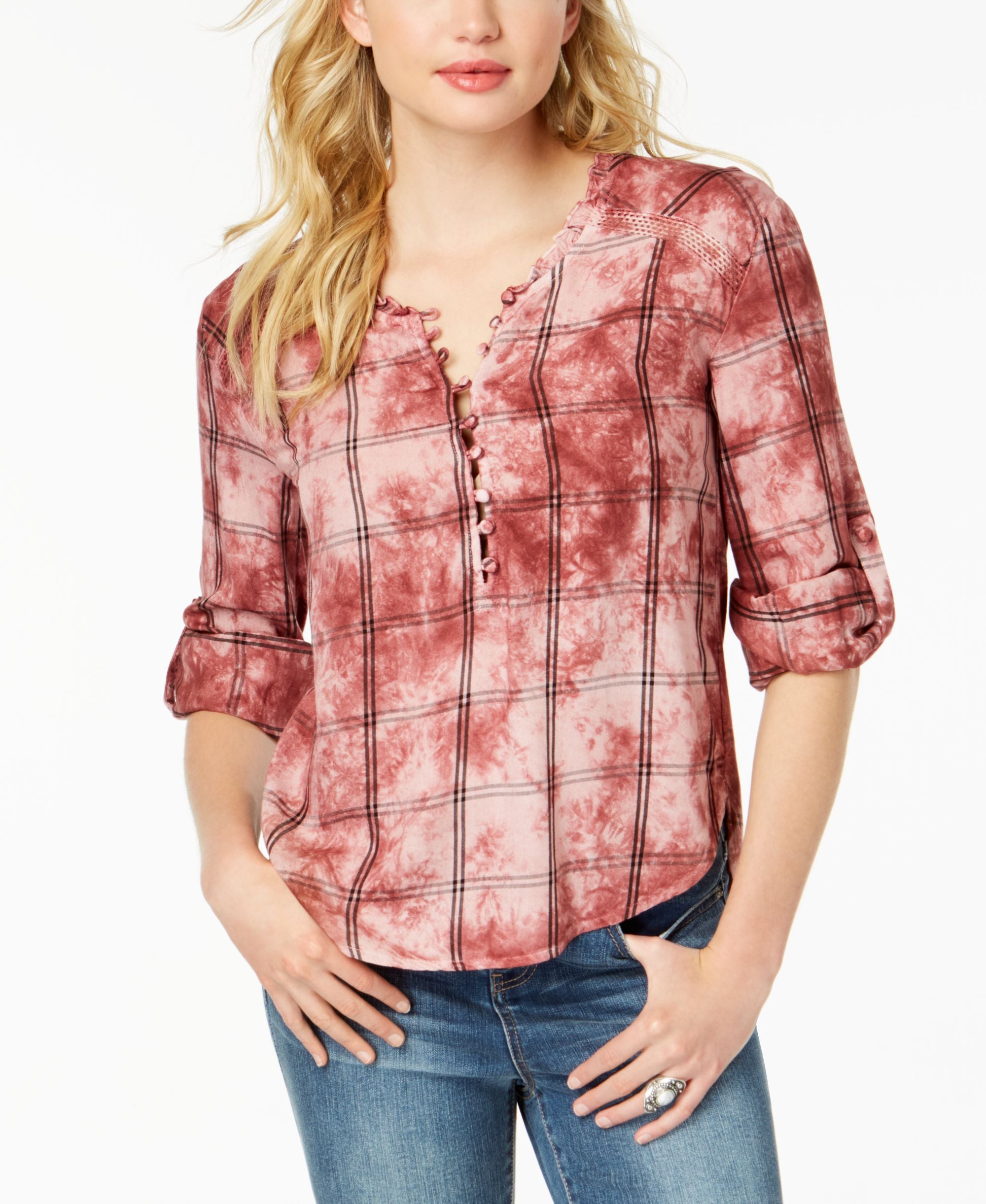 American Rag Juniors Tie Dye Plaid Button Up Top