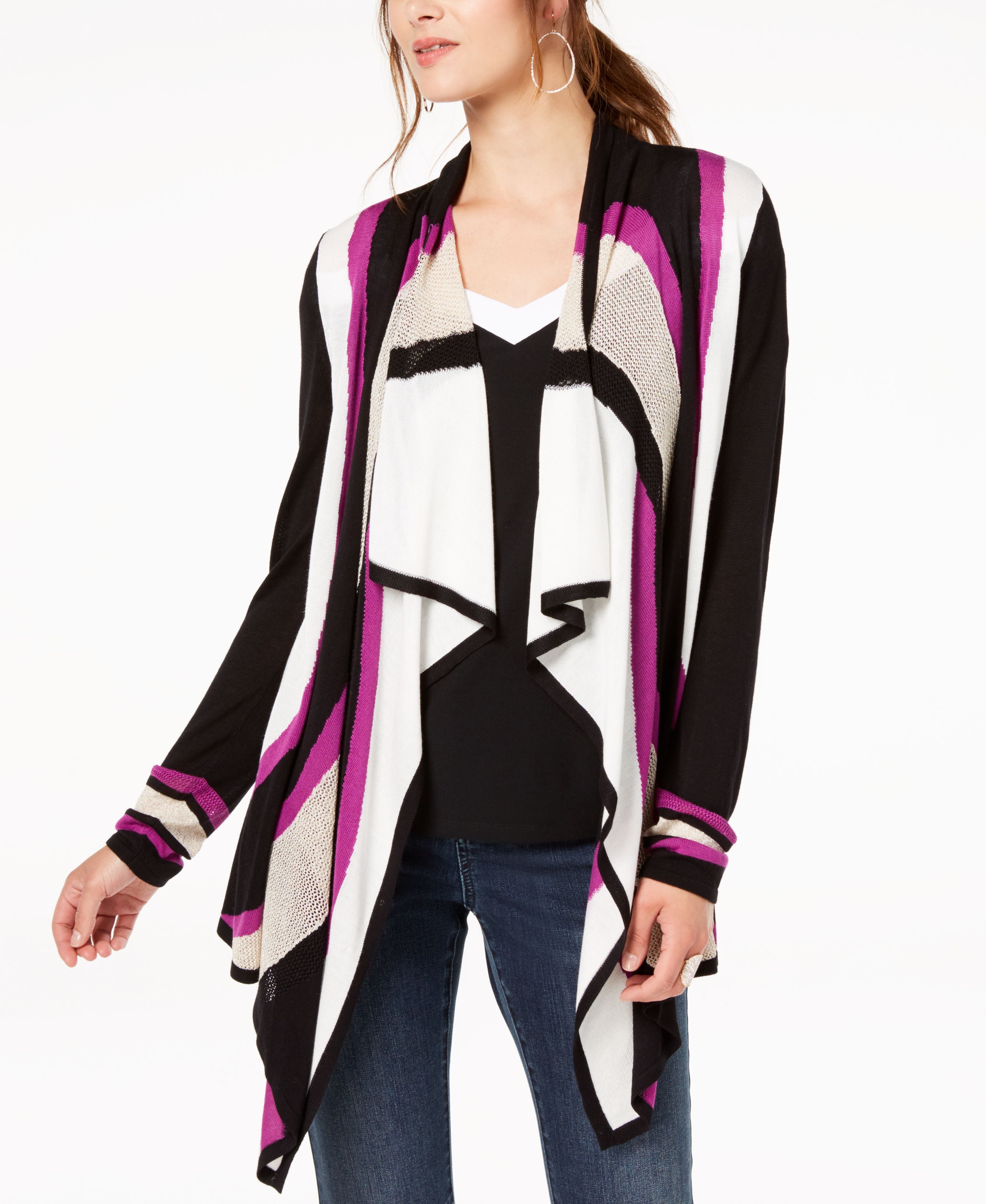 I-N-C Womens Colorblocked Cardigan Sweater Rich Amethyst M