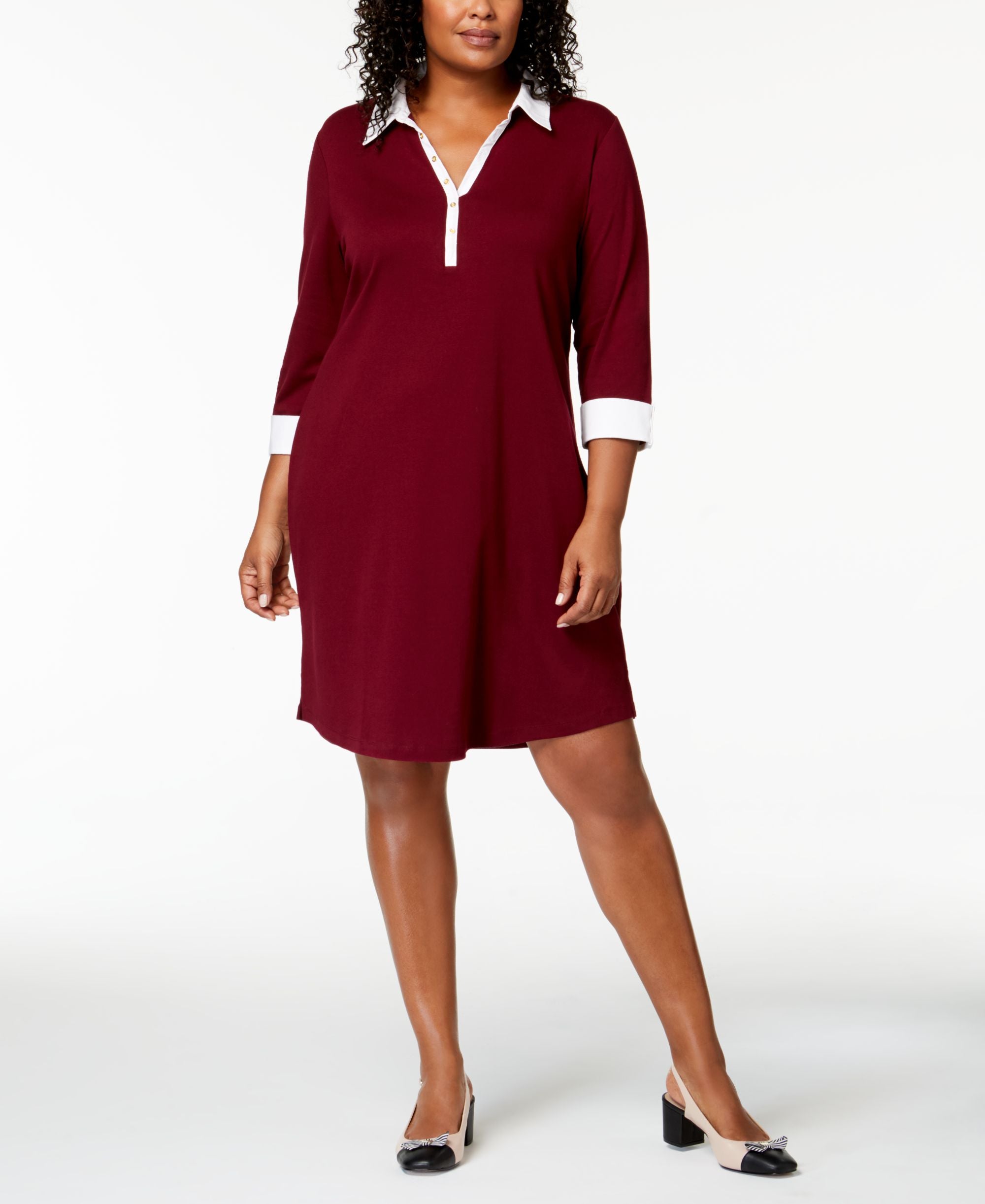 Karen Scott Plus Size 3/4 Sleeve Contrast Shirtdress