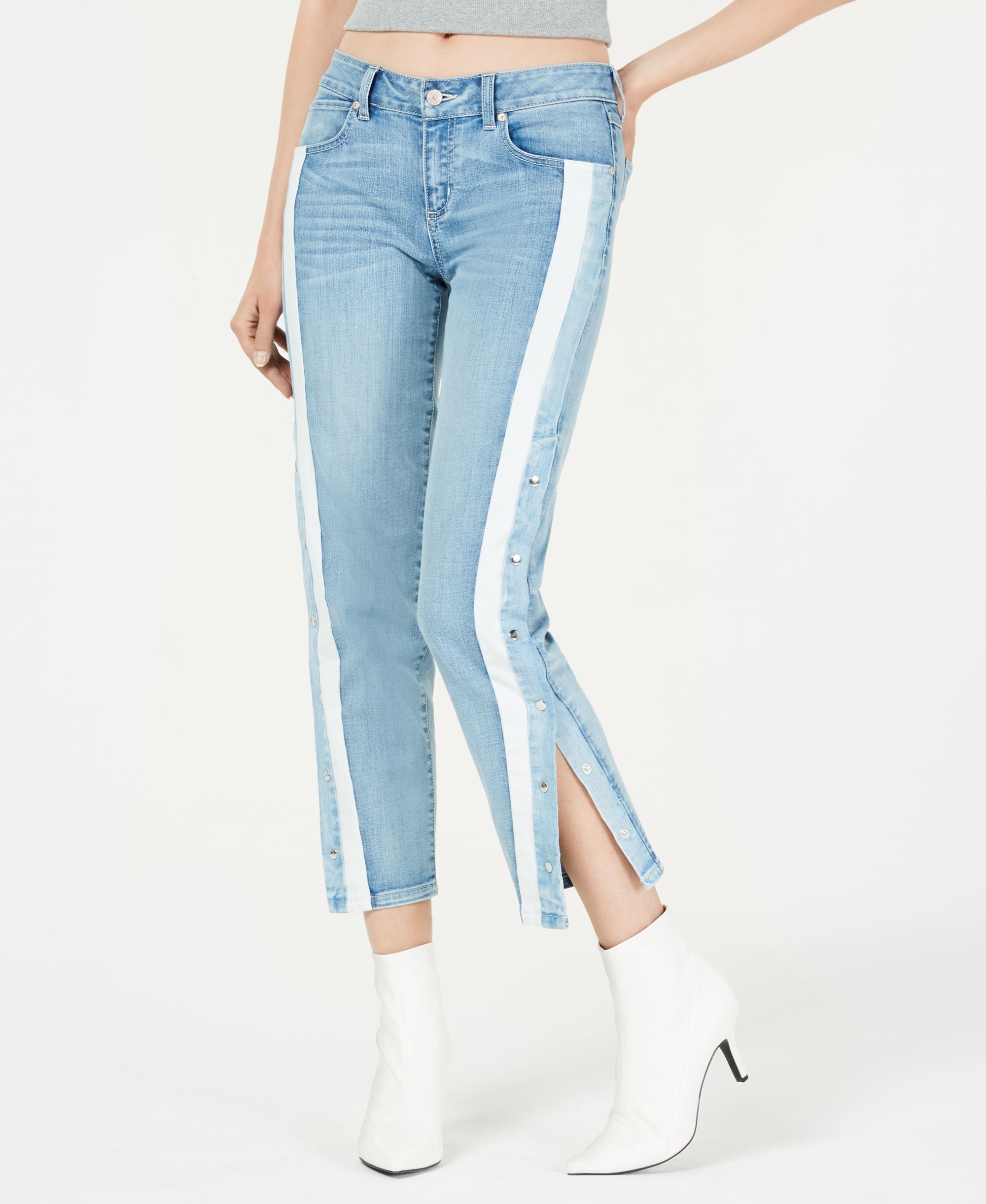 Juniors' Striped Snap-Side Jeans