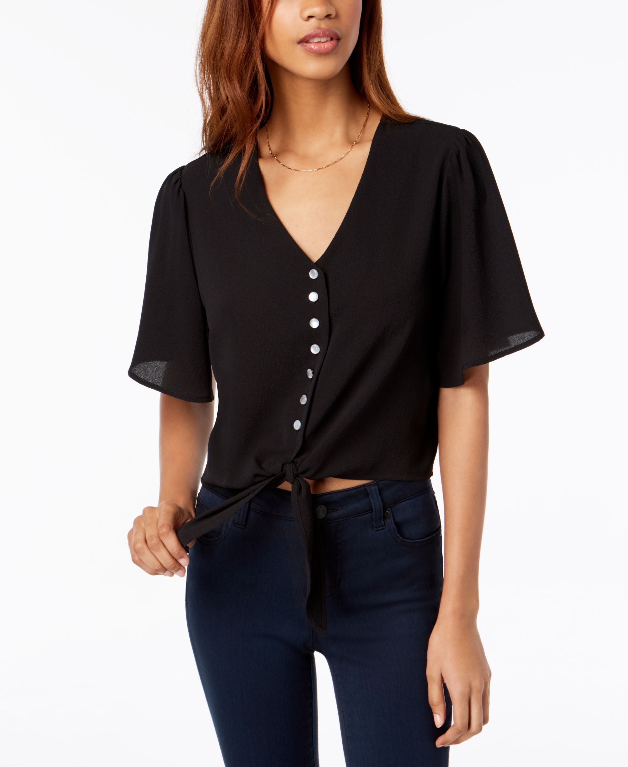 Juniors' Buttoned Tie-Front Camp Shirt