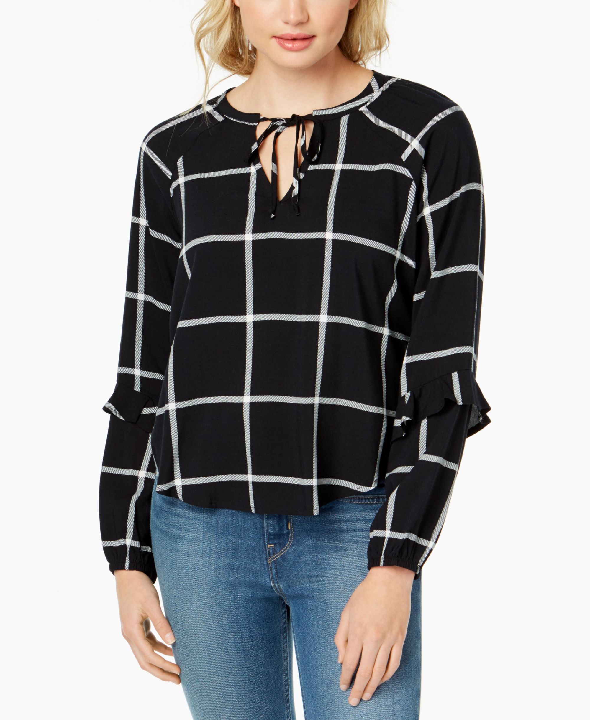 Polly Esther Juniors Ruffled Plaid Keyhole Top