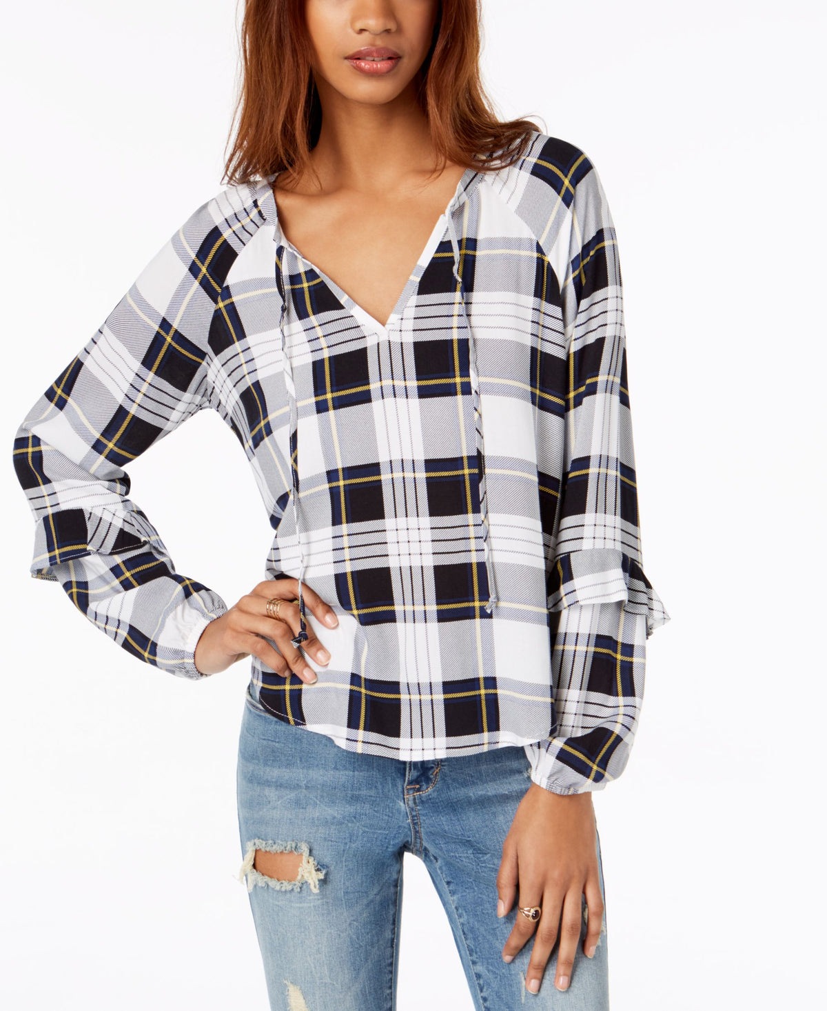 Polly Esther Juniors Ruffled Plaid Keyhole Top