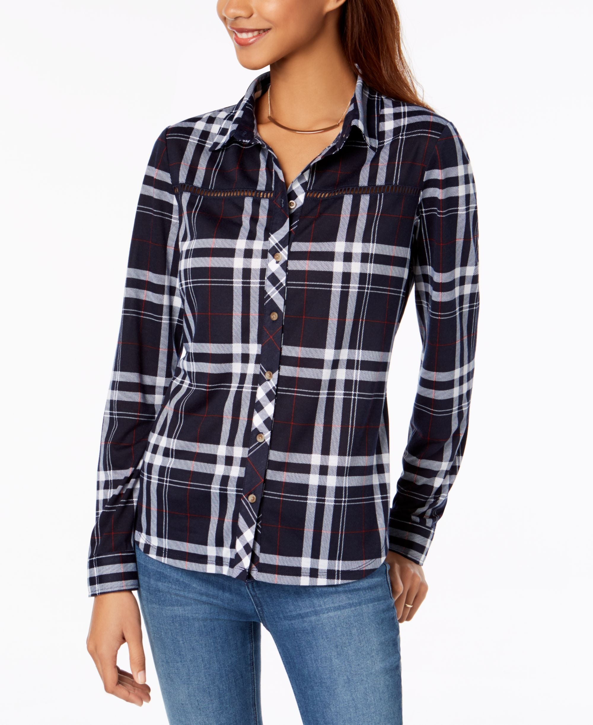 Polly Esther Juniors Lattice Trim Plaid Button Up Shirt