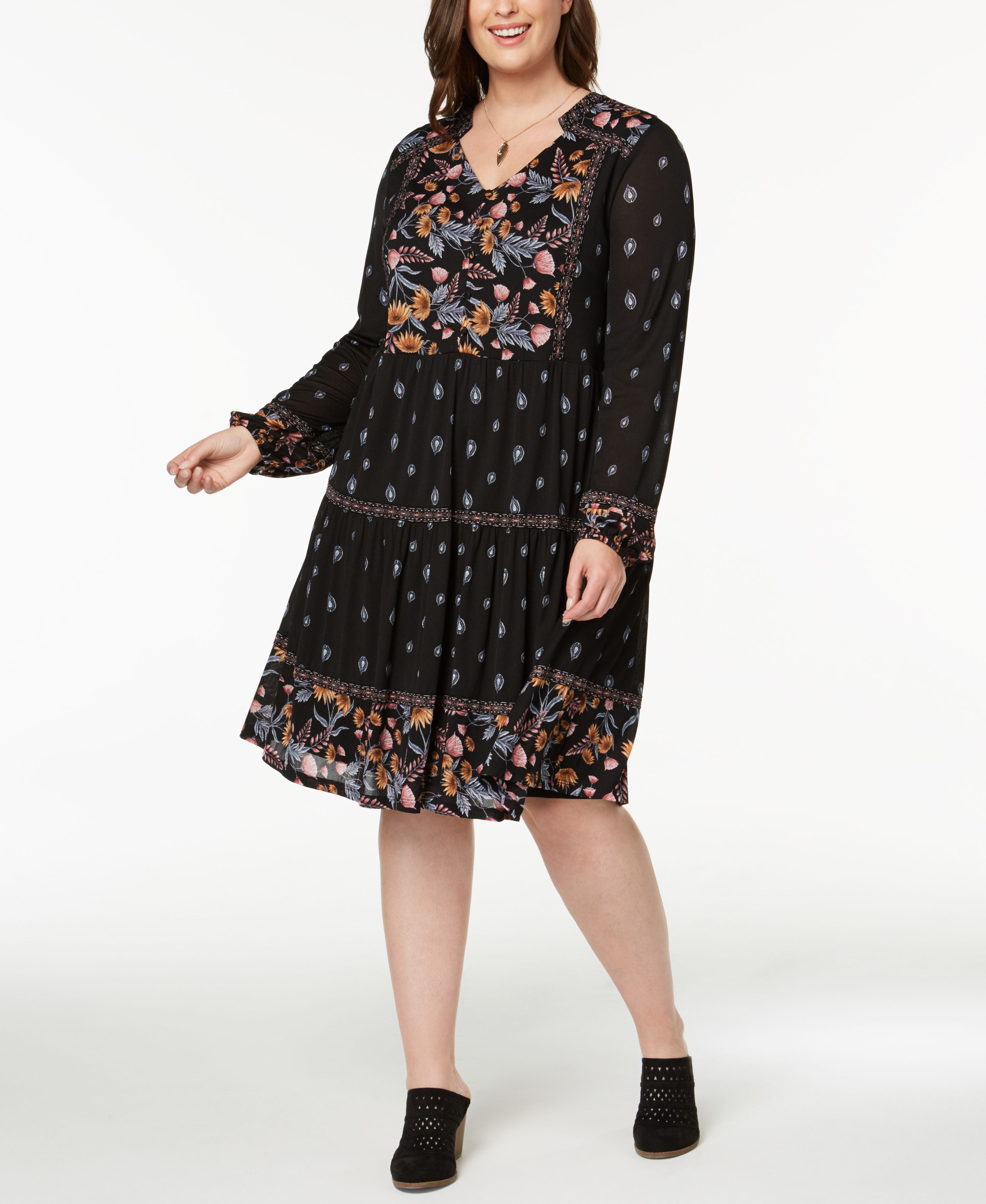 Style & Co. Women S Plus Size Mixed-Print Peasant Dress  Black Harvest 1X