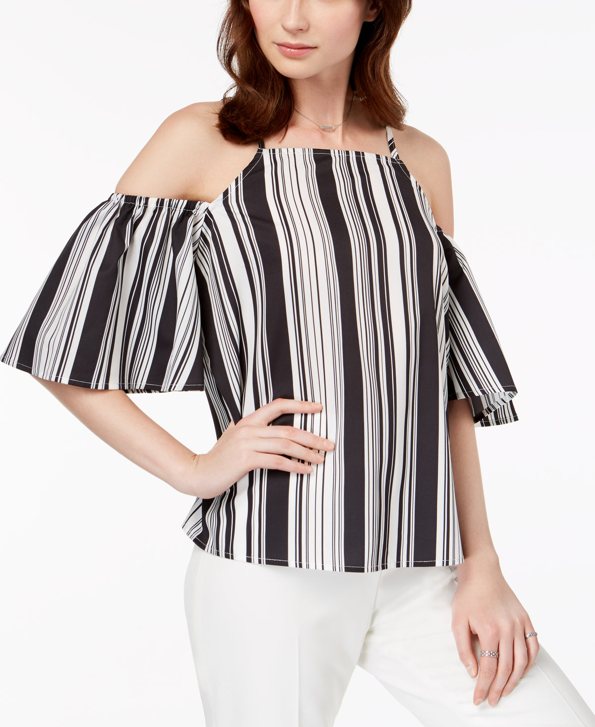 Juniors' Striped Cold-Shoulder Top
