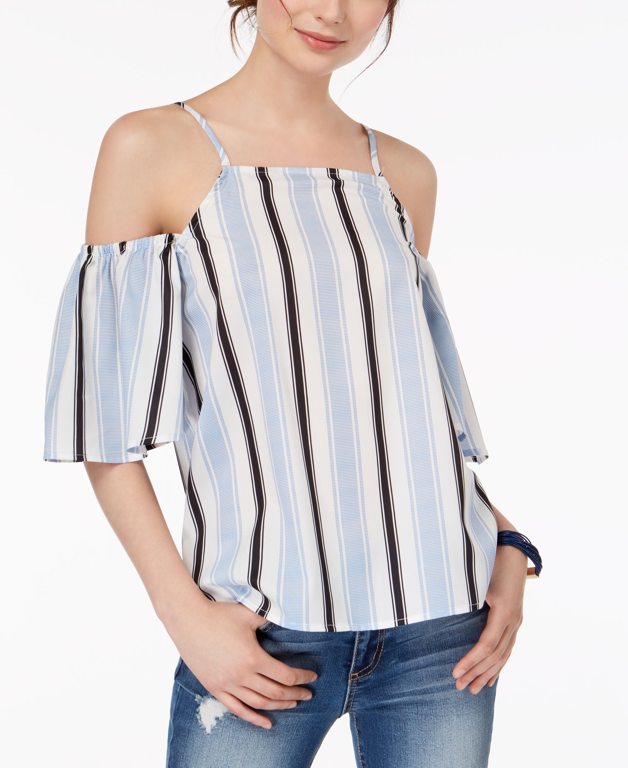 Juniors' Striped Cold-Shoulder Top