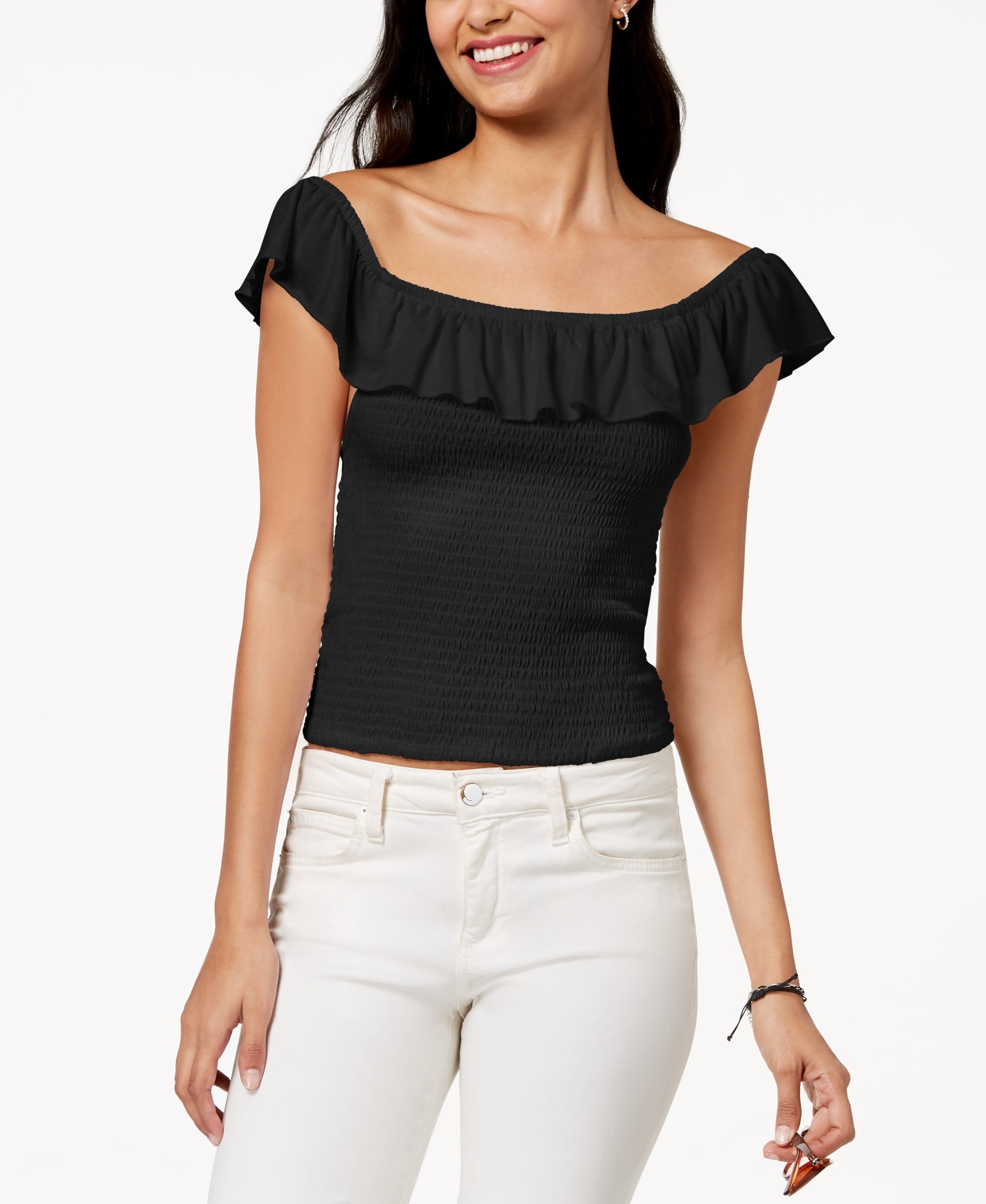 Juniors' Ruffle Smocked Crop Top