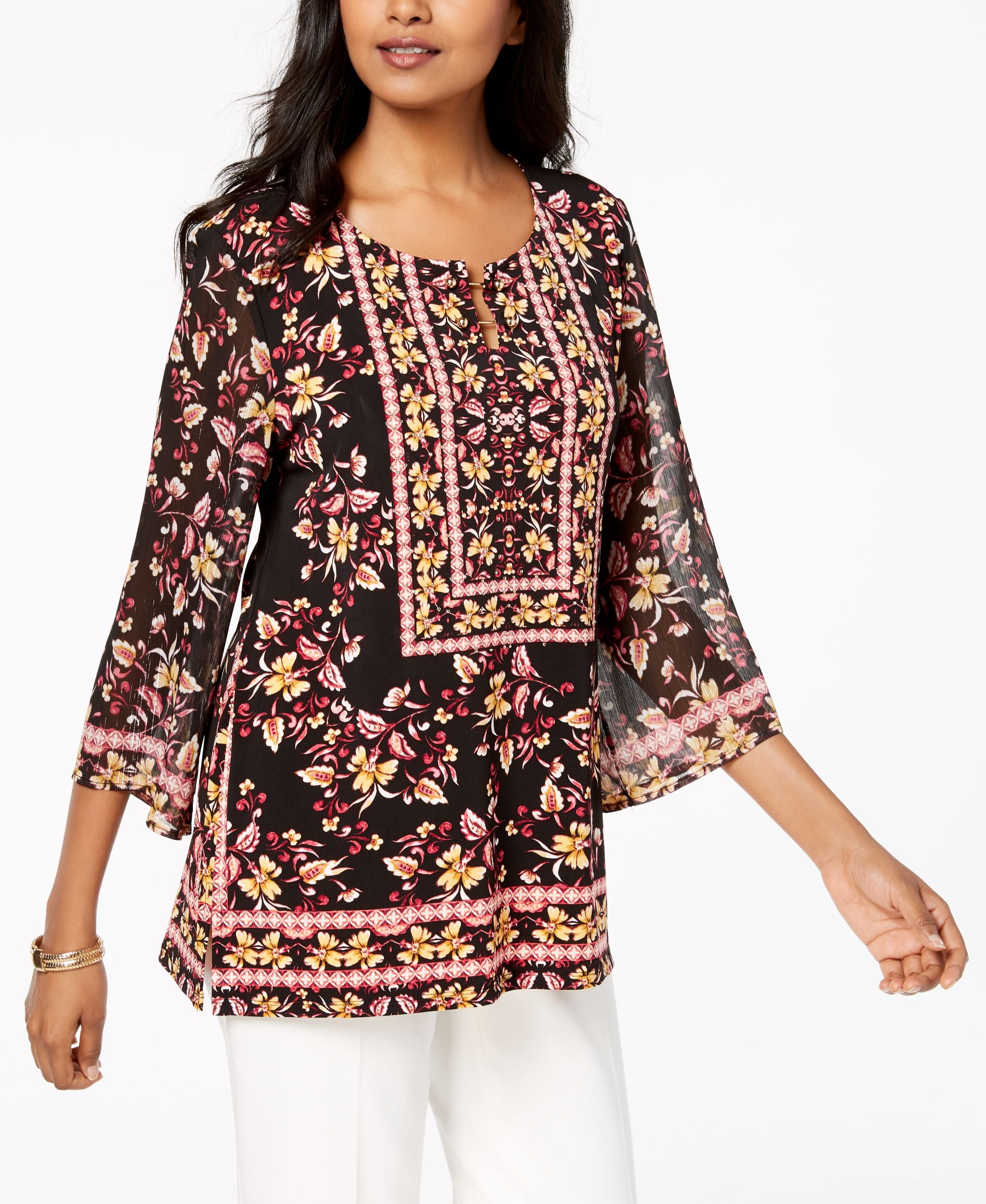 JM Collection Petite Hardware Neck Angel Sleeve Tunic